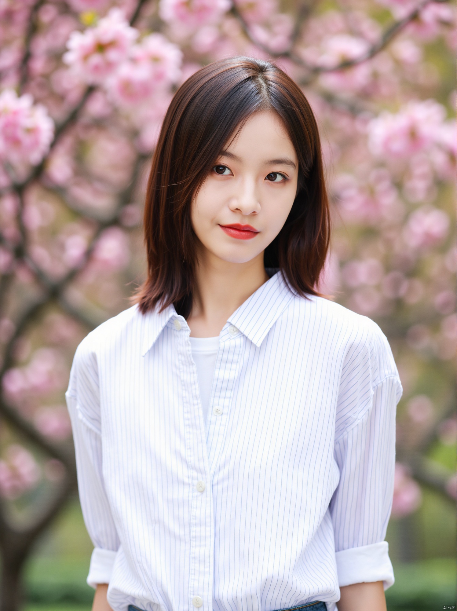 Captured in a close-up, eye-level shot, a young Asian woman stands in front of a blurred backdrop of pink flowers. She is wearing a white striped button-down long-sleeved button-up collared shirt, a pair of blue jeans, and a white t-shirt underneath her. Her brown hair is shoulder-length, framing her face. Her lips are painted a vibrant red, adding a pop of color to the otherwise monochromatic scene.