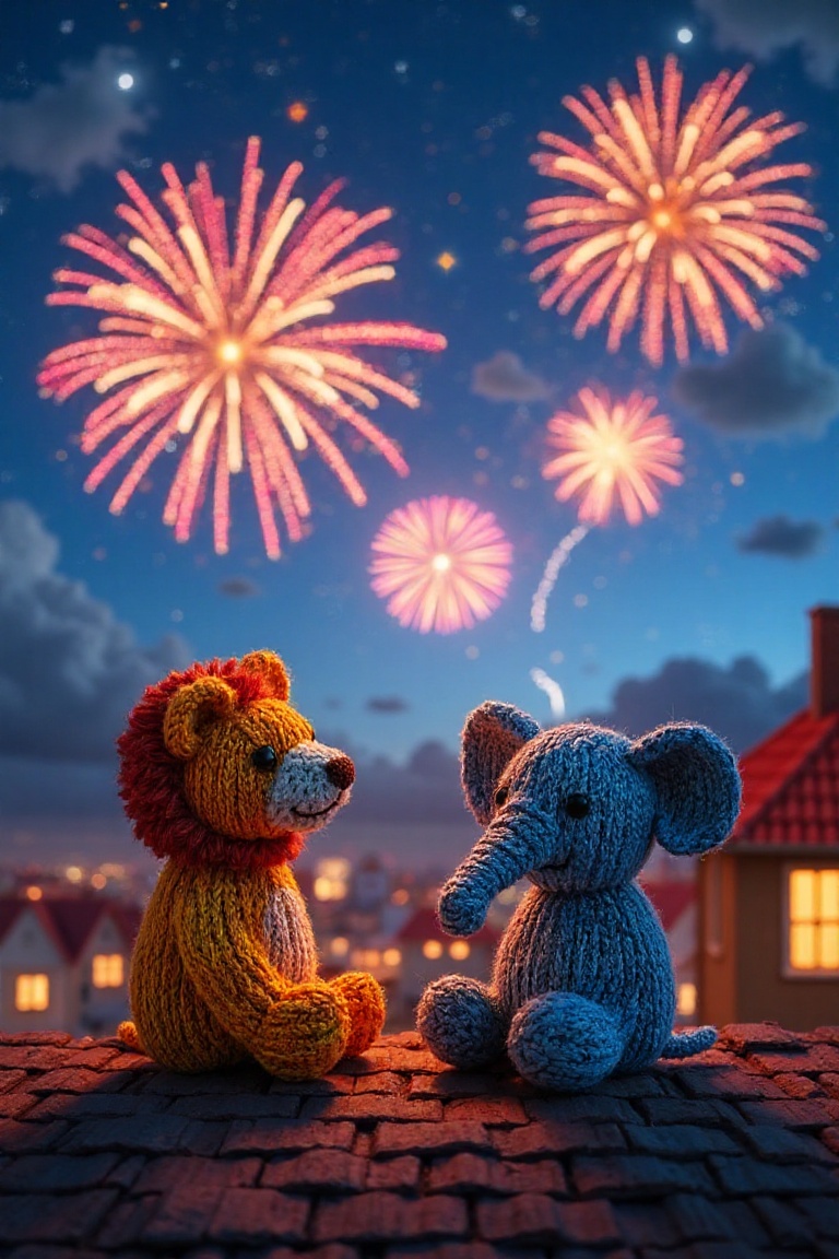 A vibrant wide-angle shot of a knitted lion,  bear,  and elephant sitting on rooftops on Tensor.Art