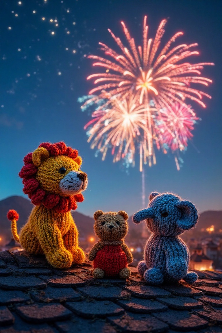 A vibrant wide-angle shot of a knitted lion,  bear,  and elephant sitting on rooftops on Tensor.Art