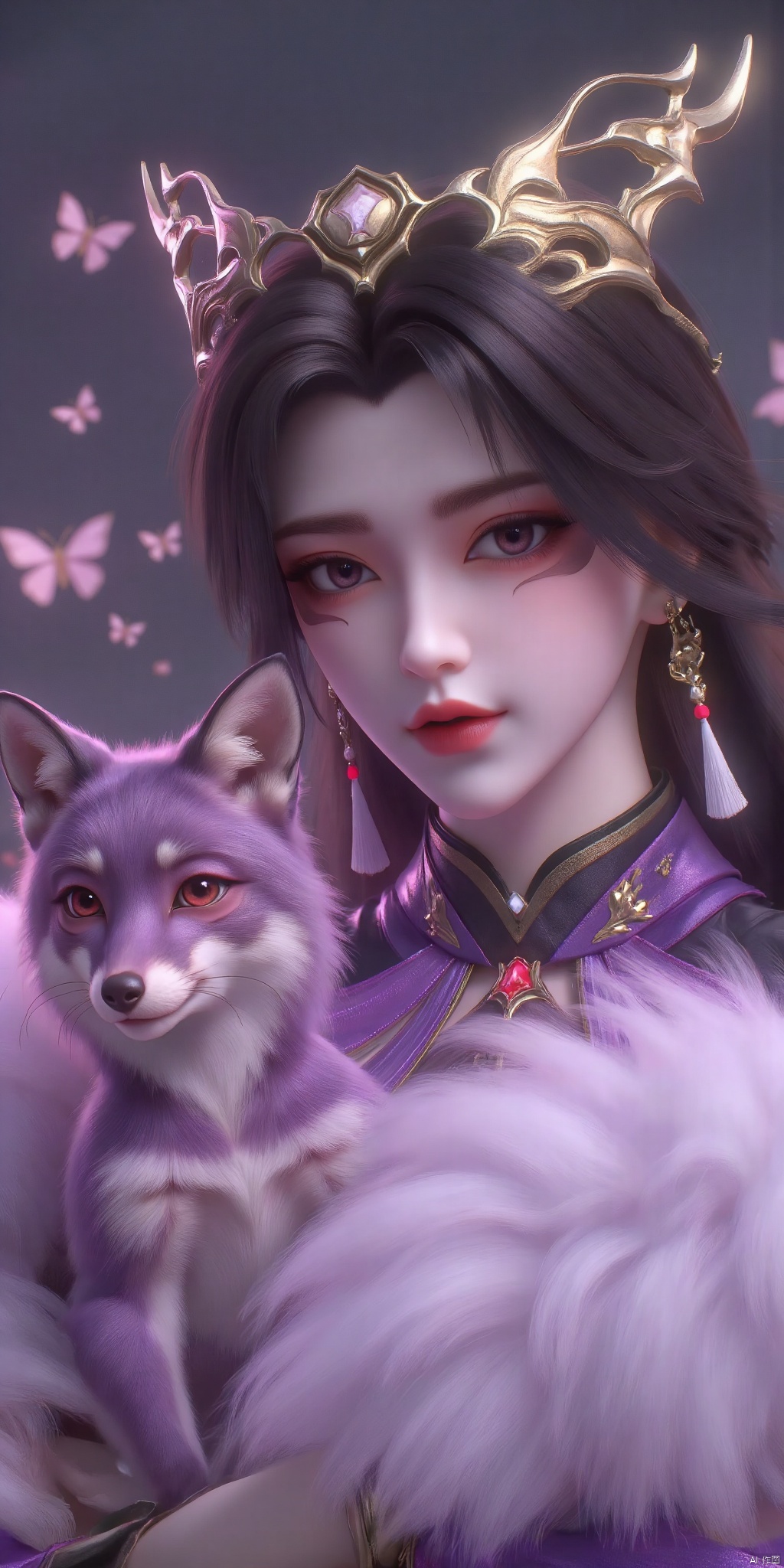 8k image, solo, half body, a black haired girl, looking at the audience, holding a purple fox in her arms. The purple dress includes earrings and necklace, with butterflies dancing in the background. The overall style is dreamy and beautiful, with soft light and shadow, presenting a surreal atmosphere.
