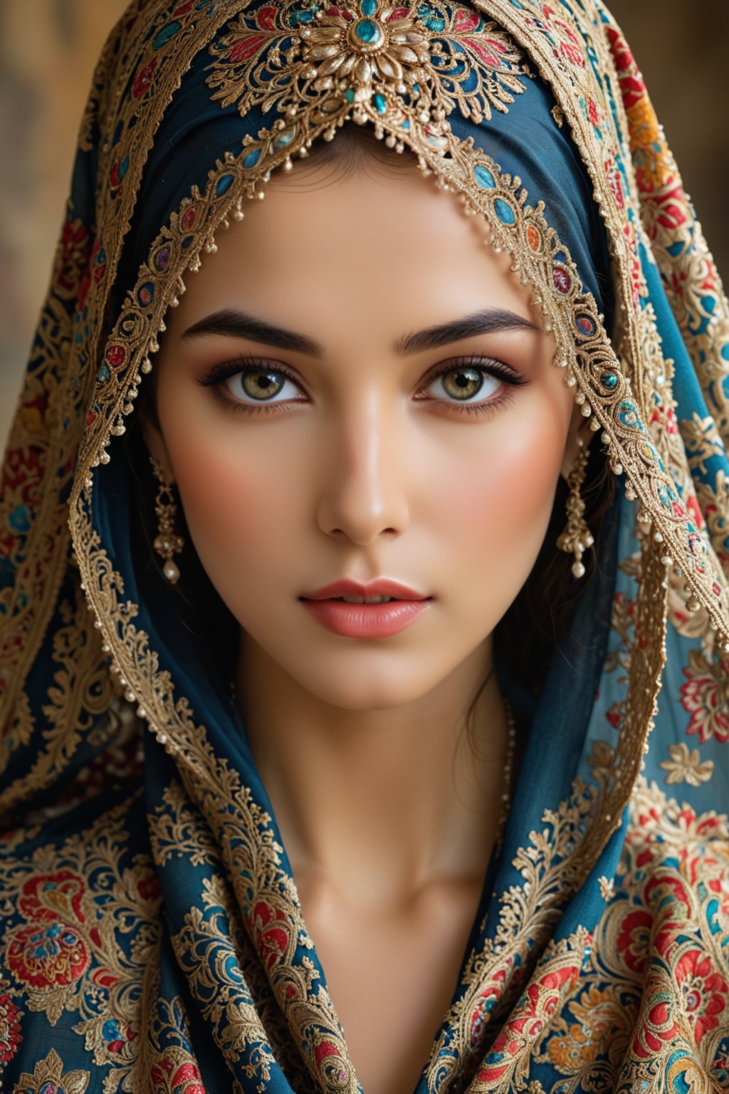 The photograph captures the striking gaze of a beautiful woman adorned with an intricate,  colorful veil. The rich pattern...
