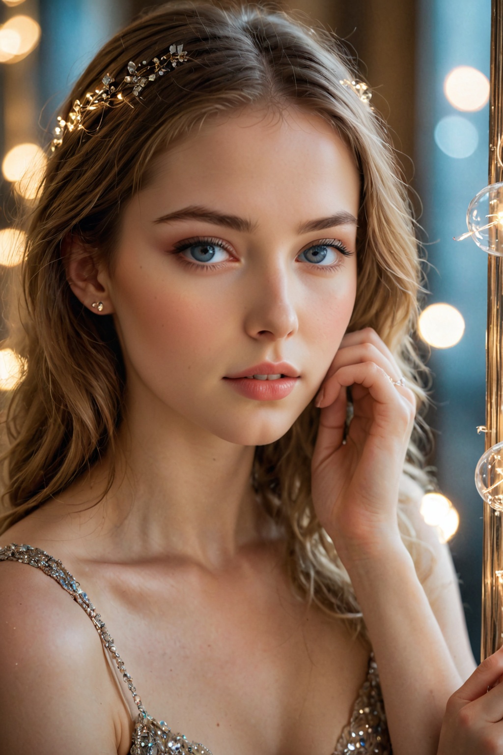 Captured in a moment of introspection,  a young woman's gaze pierces through a mirror adorned with glowing lights,  illumi...