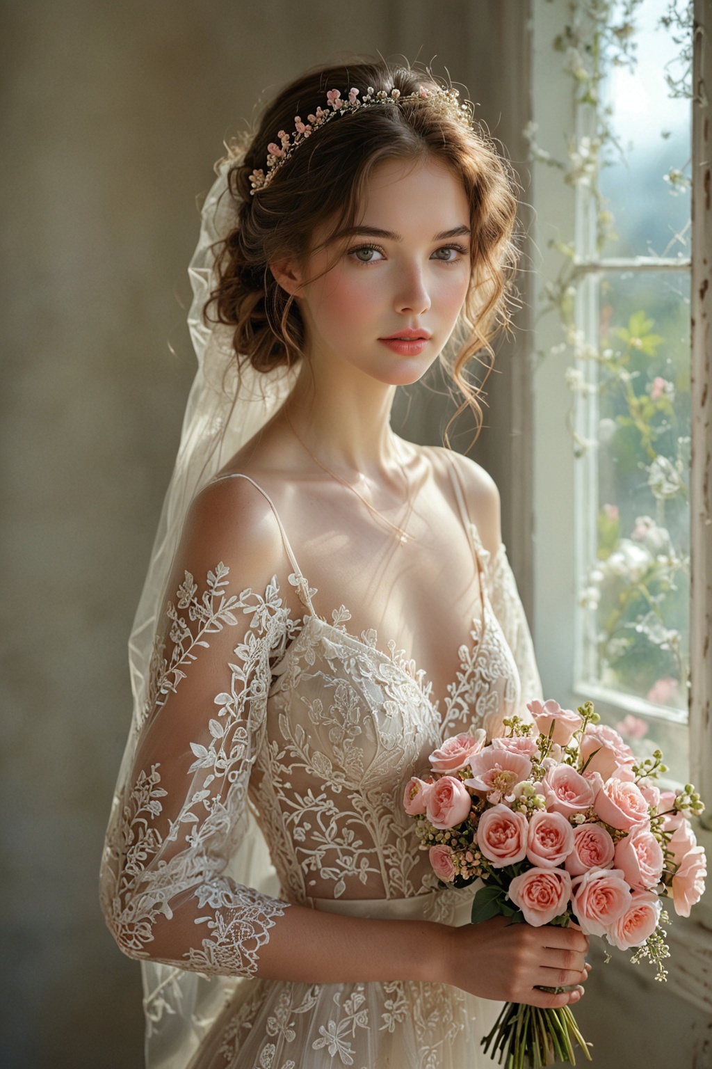 In a moment of serene beauty,  a young woman dressed in an elegant lace bridal gown holds a bouquet of delicate pink flowe...