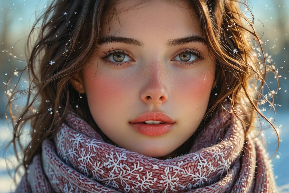 The close-up view captures a young woman braving the chilly winter air,  where tiny snowflakes have gently settled on her...