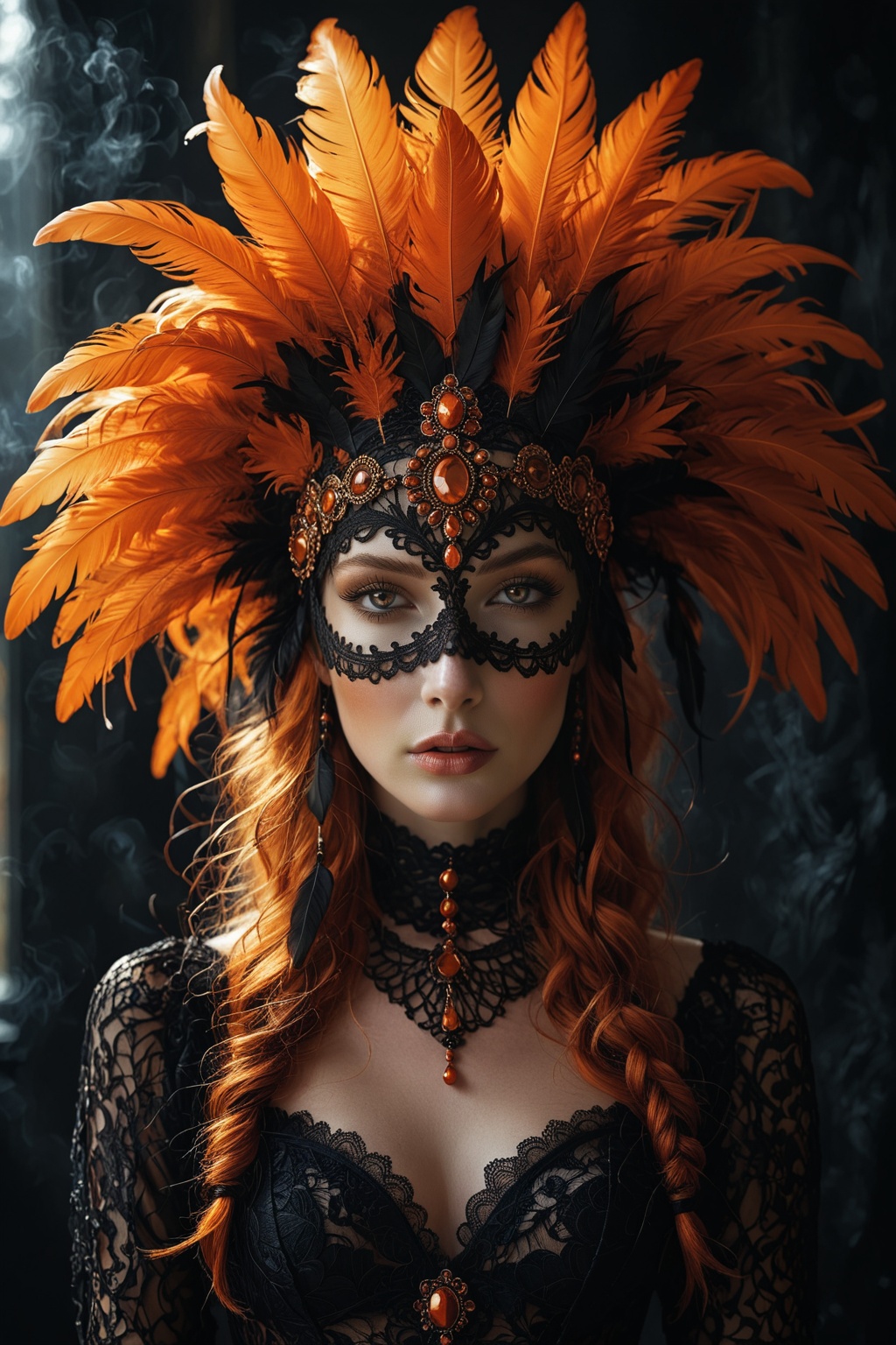 A striking fashion photograph of a woman with fiery orange hair wearing an elaborate headdress and mask crafted from black...