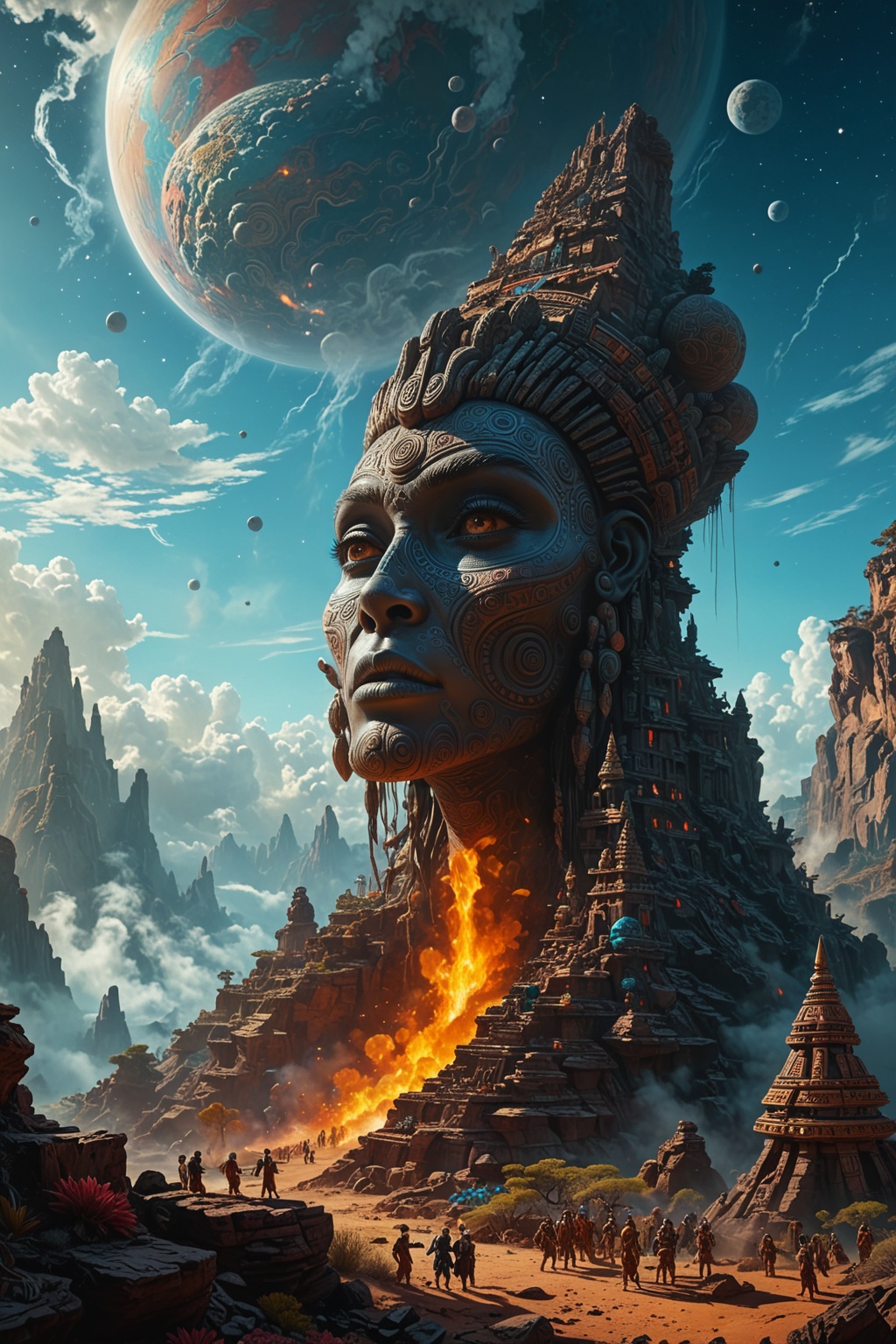 An intricately detailed painting of a carving tossing ceremony on an alien planet,  executed in the style of Aztec art,  c...