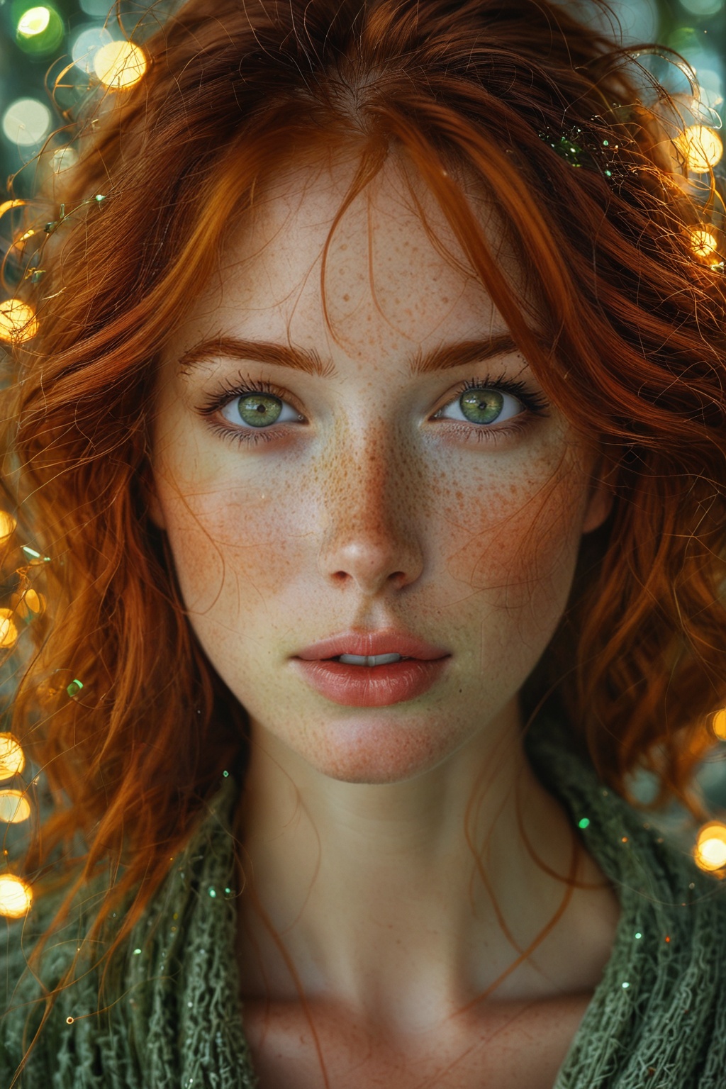 This portrait captures a stunning young woman with vibrant red hair and a sprinkling of freckles across her cheeks. Her st...