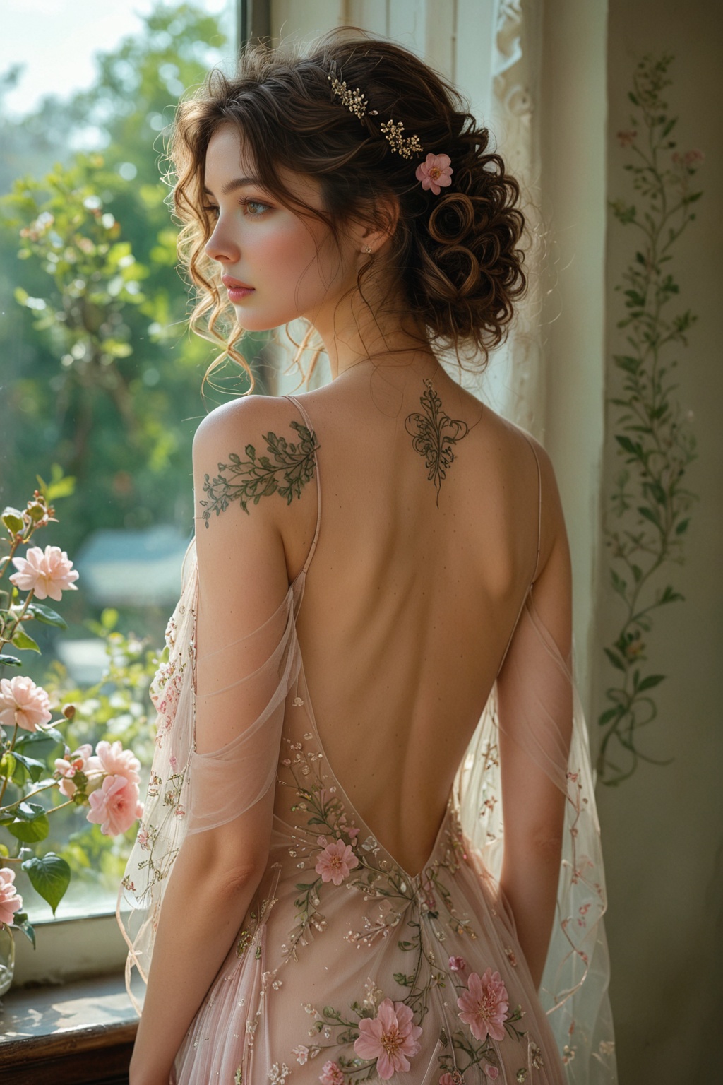 A young woman stands with her back turned towards the viewer,  her curly brown hair loosely gathered to reveal a beautiful...