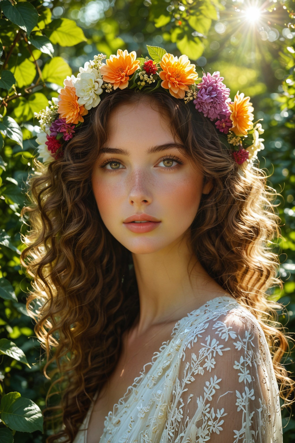 In a serene garden surrounded by lush foliage,  a young woman with curly brown hair exudes an aura of natural beauty and t...