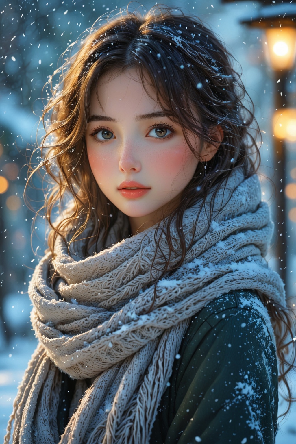 In this beautifully illustrated scene,  a young anime girl is depicted amidst a gently falling snowfall. She is wrapped co...