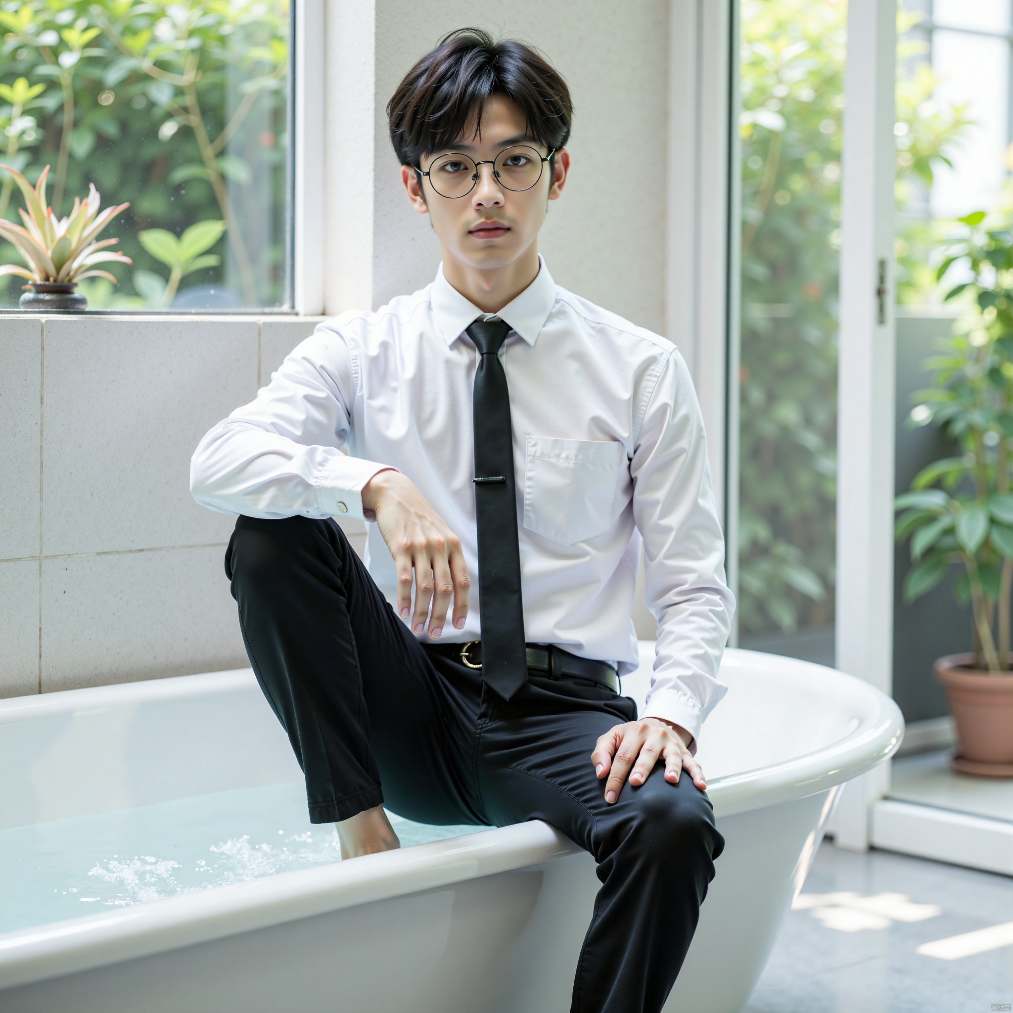 duanyunping,solo, glasses,looking at viewer, short hair, shirt, black hair, 1boy, navel, brown eyes, sitting, white shirt, male focus, necktie, barefoot, day, collared shirt, belt, pants, indoors, water, wet, see-through, window, black pants, abs, pectorals, plant, wet clothes, black necktie, knee up, black belt, wet shirt, bathtub