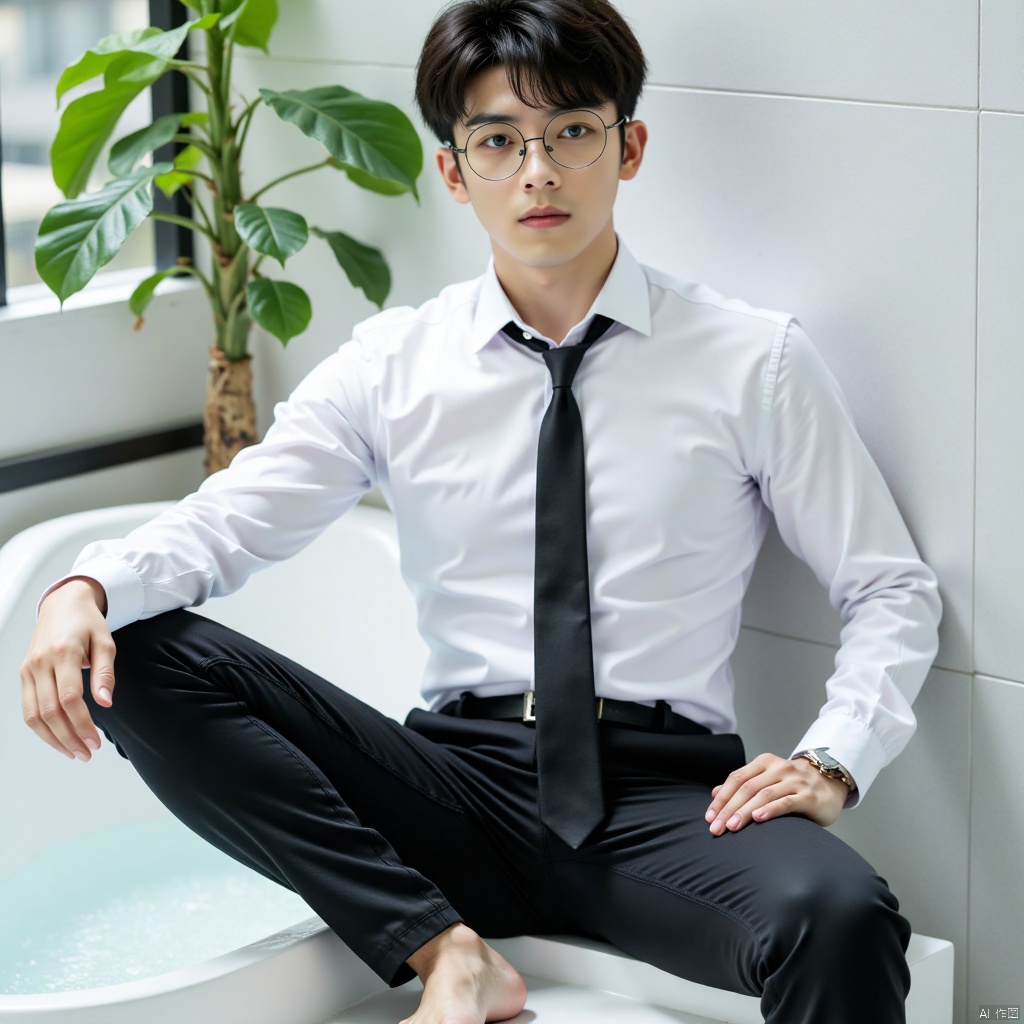 duanyunping,solo, glasses,looking at viewer, short hair, shirt, black hair, 1boy, navel, brown eyes, sitting, white shirt, male focus, necktie, barefoot, day, collared shirt, belt, pants, indoors, water, wet, see-through, window, black pants, abs, pectorals, plant, wet clothes, black necktie, knee up, black belt, wet shirt, bathtub