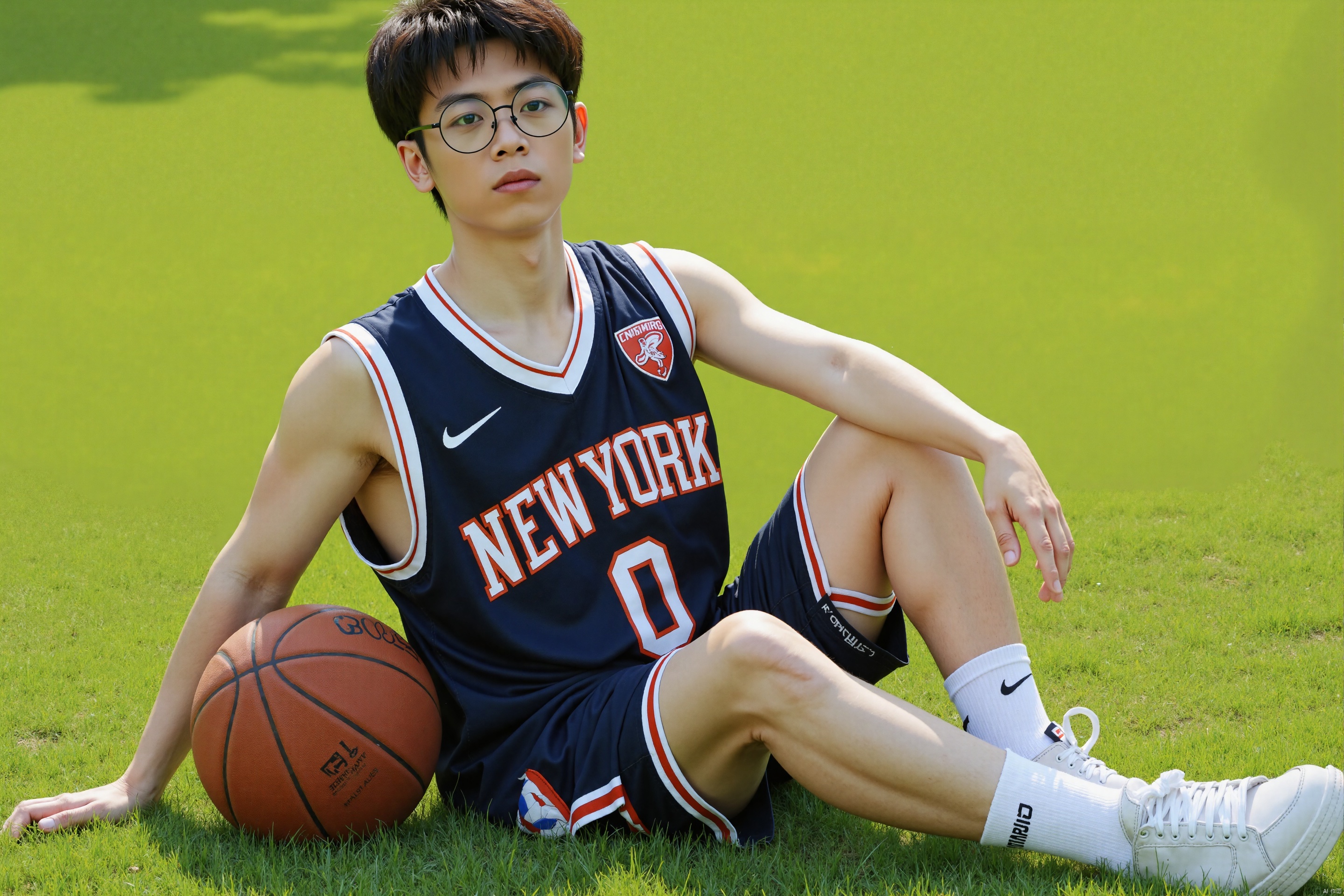 Boy wearing glasses and basketball uniform sitting on the ground, leaning back, very handsome, with basketball next to him, grass, sunshine, photo style, film style, dynamic perspective