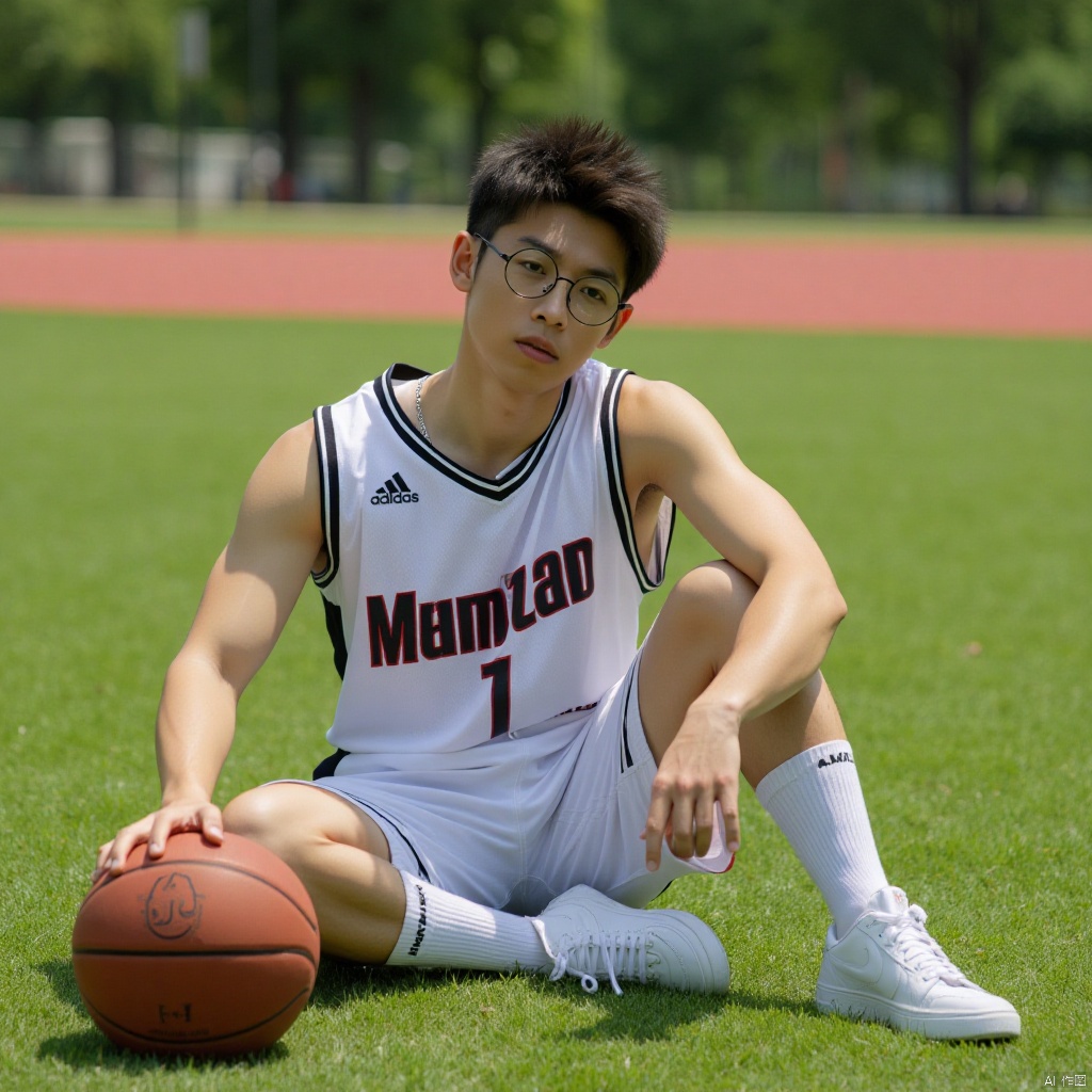 Boy wearing glasses and basketball uniform sitting on the ground, leaning back, very handsome, with basketball next to him, grass, sunshine, photo style, film style, dynamic perspective