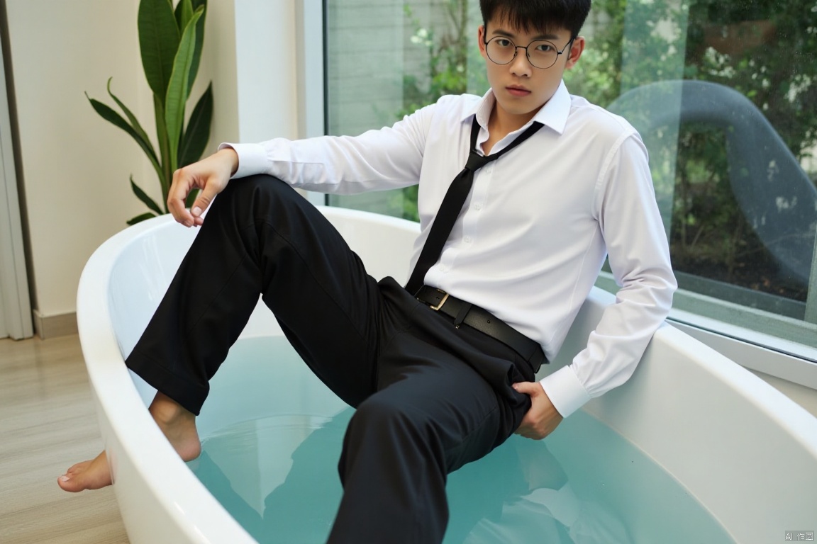 solo, glasses,looking at viewer, short hair, shirt, black hair, 1boy, navel, brown eyes, sitting, white shirt, male focus, necktie, barefoot, day, collared shirt, belt, pants, indoors, water, wet, see-through, window, black pants, abs, pectorals, plant, wet clothes, black necktie, knee up, black belt, wet shirt, bathtub