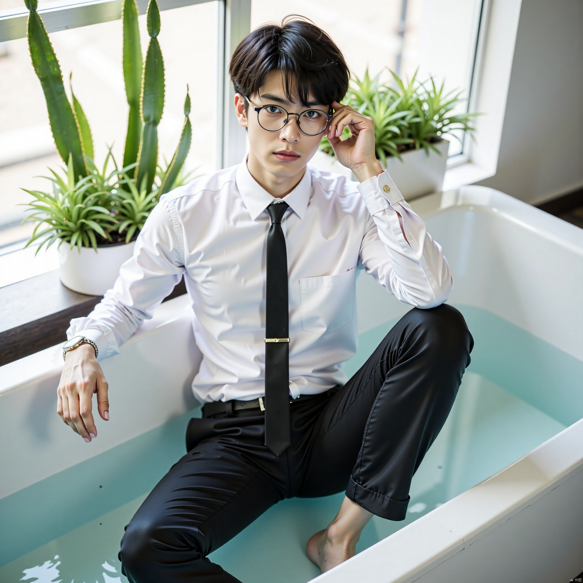 duanyunping,solo, glasses,looking at viewer, short hair, shirt, black hair, 1boy, navel, brown eyes, sitting, white shirt, male focus, necktie, barefoot, day, collared shirt, belt, pants, indoors, water, wet, see-through, window, black pants, abs, pectorals, plant, wet clothes, black necktie, knee up, black belt, wet shirt, bathtub
