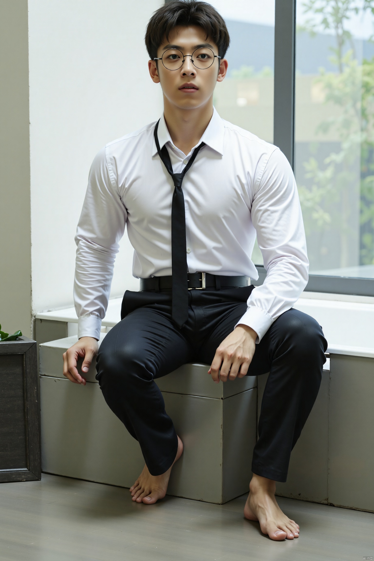 duanyunping,solo, glasses,looking at viewer, short hair, shirt, black hair, 1boy, navel, brown eyes, sitting, white shirt, male focus, necktie, barefoot, day, collared shirt, belt, pants, indoors, water, wet, see-through, window, black pants, abs, pectorals, plant, wet clothes, black necktie, knee up, black belt, wet shirt, bathtub