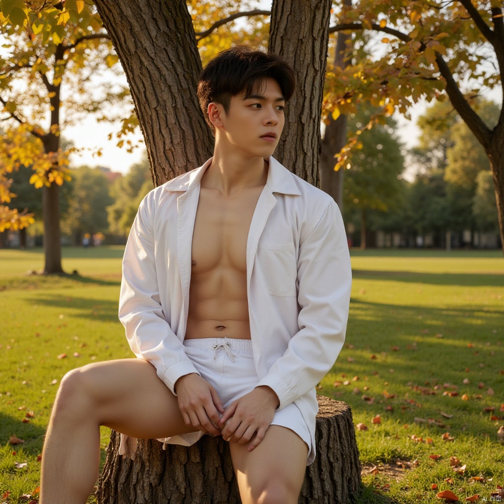 A young man with a handsome and dashing appearance sits atop a tree,  his white windbreaker partially unbuttoned,  reveali...