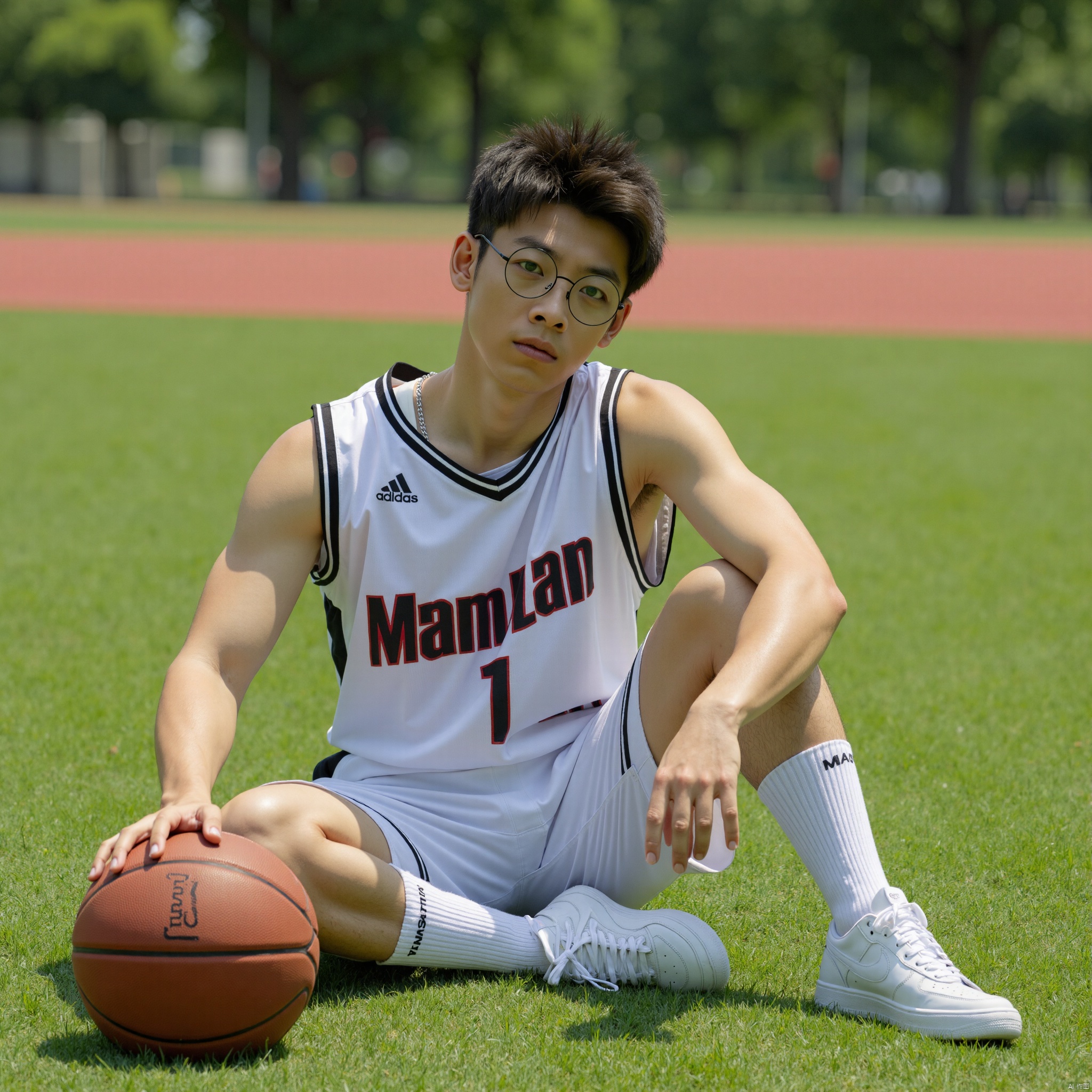 Boy wearing glasses and basketball uniform sitting on the ground, leaning back, very handsome, with basketball next to him, grass, sunshine, photo style, film style, dynamic perspective