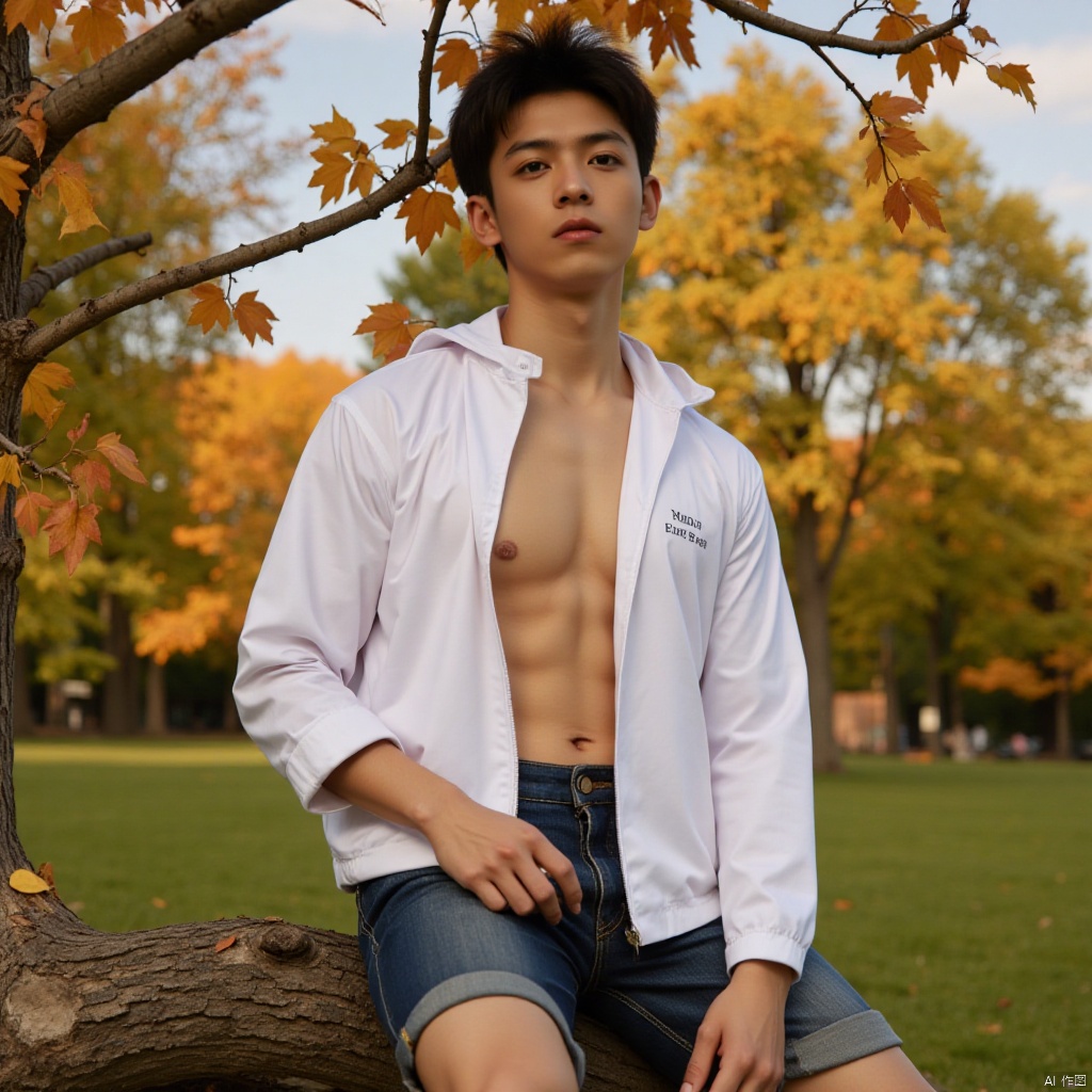 A young man with a handsome and dashing appearance sits atop a tree,  his white windbreaker partially unbuttoned,  reveali...