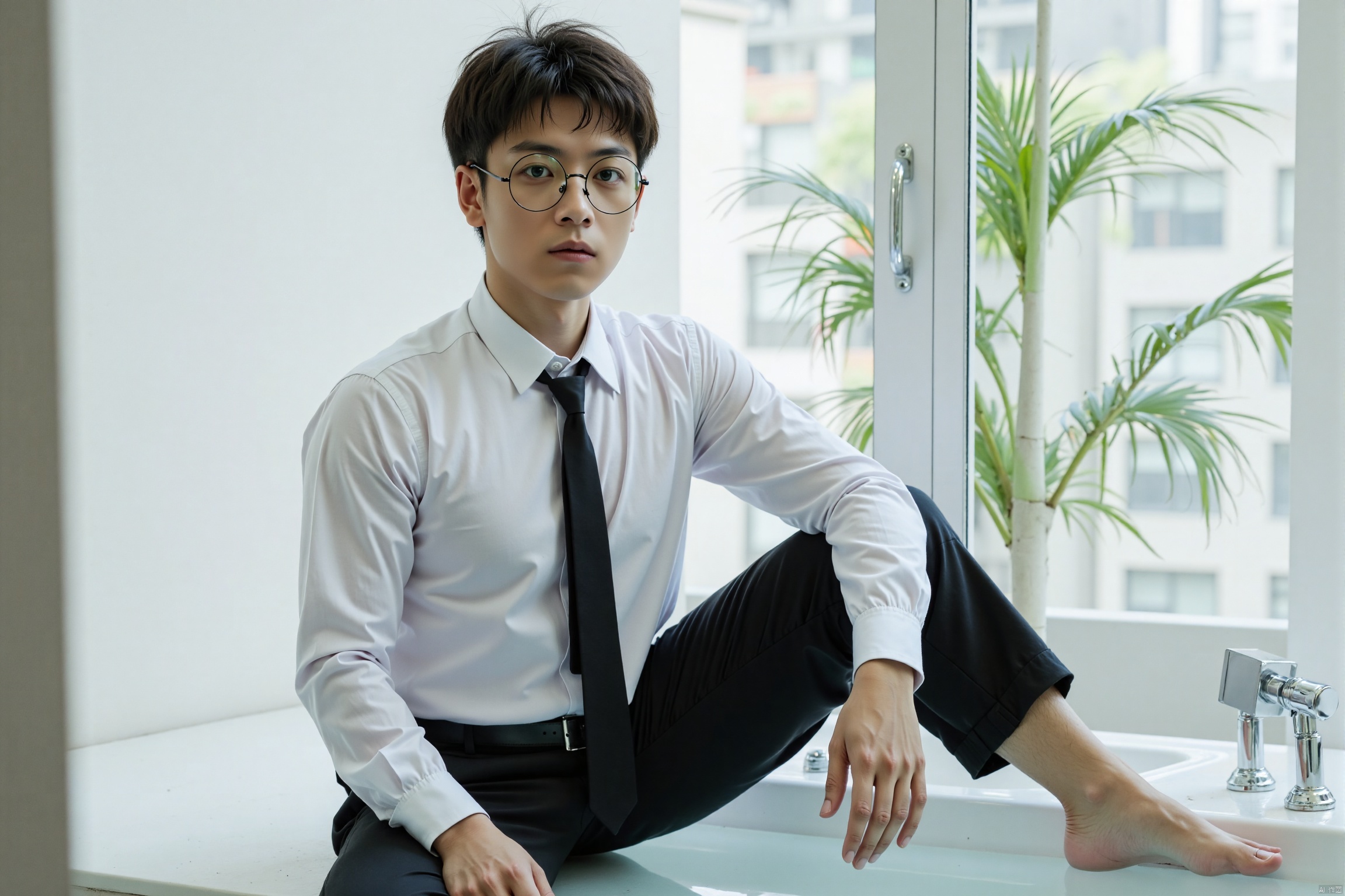 duanyunping,solo, glasses,looking at viewer, short hair, shirt, black hair, 1boy, navel, brown eyes, sitting, white shirt, male focus, necktie, barefoot, day, collared shirt, belt, pants, indoors, water, wet, see-through, window, black pants, abs, pectorals, plant, wet clothes, black necktie, knee up, black belt, wet shirt, bathtub