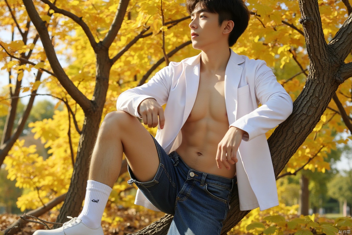 A young man with a handsome and dashing appearance sits atop a tree,  his white windbreaker partially unbuttoned,  reveali...