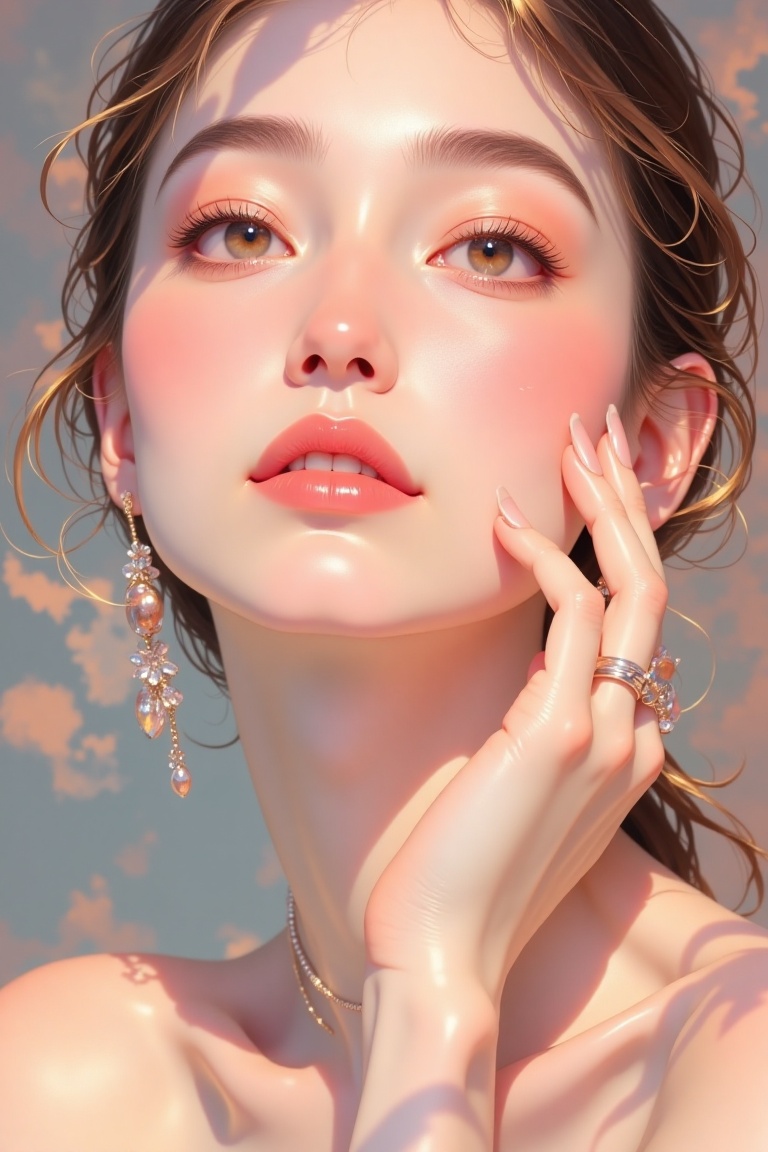A close-up portrait of a glamorous woman with perfectly contoured makeup, highlighting her cheekbones, jawline, and nose. Her skin glows with a flawless finish, as soft, diffused light enhances the dramatic shadows and highlights created by the contouring. She wears elegant, minimalist jewelry and has a sleek hairstyle, while the background fades into a blurred gradient of warm neutral tones, emphasizing her facial structure and beauty artistry,Beauty,Illustration 