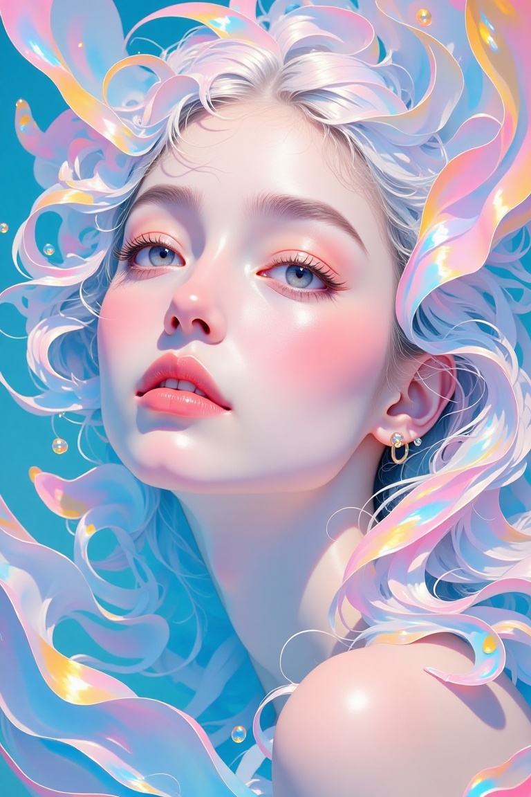 "A stylized artistic depiction of a woman with exaggerated contour lines painted on her face, blending into a surreal, abstract environment. The contour shades transform into flowing shapes and gradients that extend outward, merging with the swirling, colorful background of blues, pinks, and golds. Her expression is serene and powerful, symbolizing beauty, transformation, and the artistry of makeup as a form of self-expression."