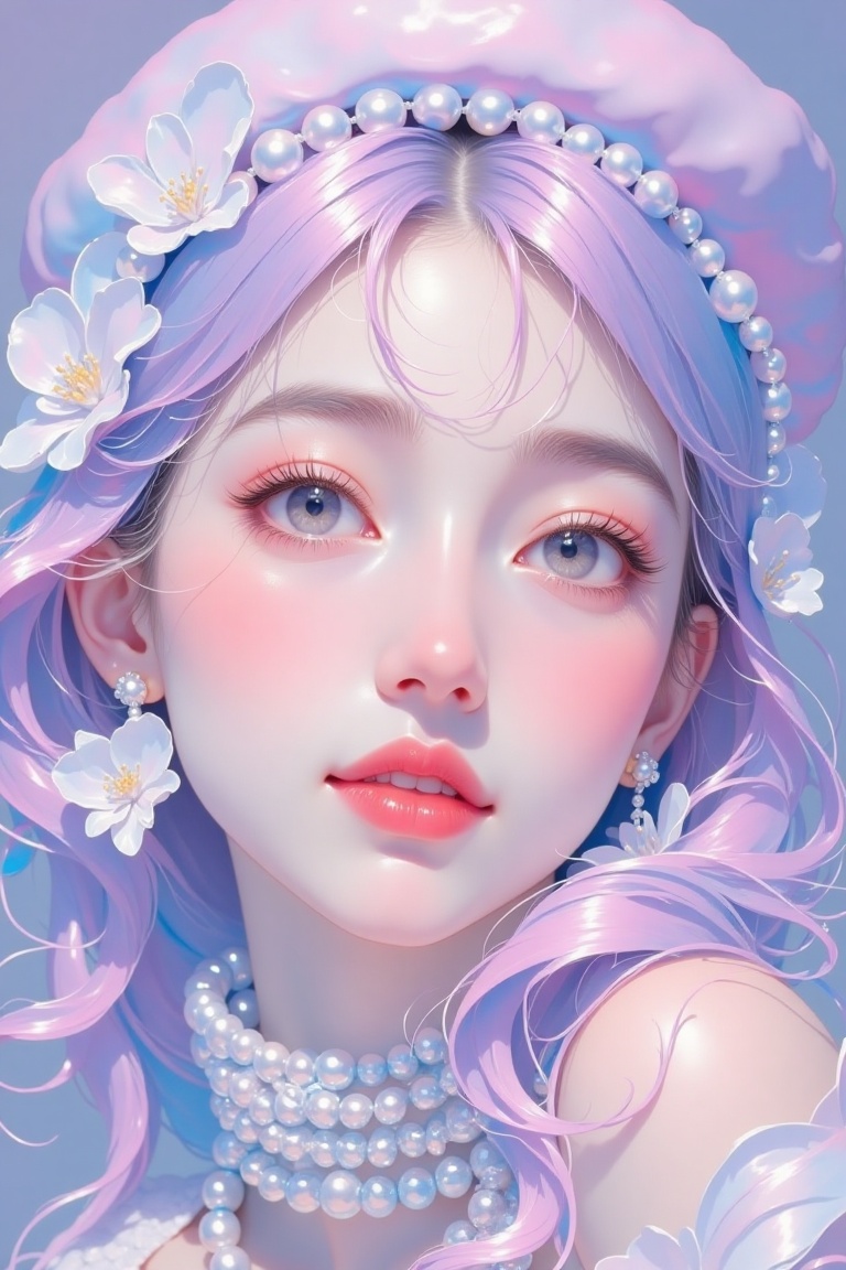 "A close-up portrait of a stylish young woman with vibrant purple hair that flows gracefully around her shoulders. She wears a matching purple beret adorned with pearls, giving her a chic and whimsical appearance. Her makeup is soft yet striking, with glossy red lips and delicate pearl embellishments around her eyes that add a dreamy, ethereal touch. She accessorizes with layered pearl necklaces that enhance her elegant look, and her expression is calm yet captivating. The background is a solid lavender color, perfectly complementing her unique style and adding to the overall aesthetic of modern elegance with a surreal, artistic flair."