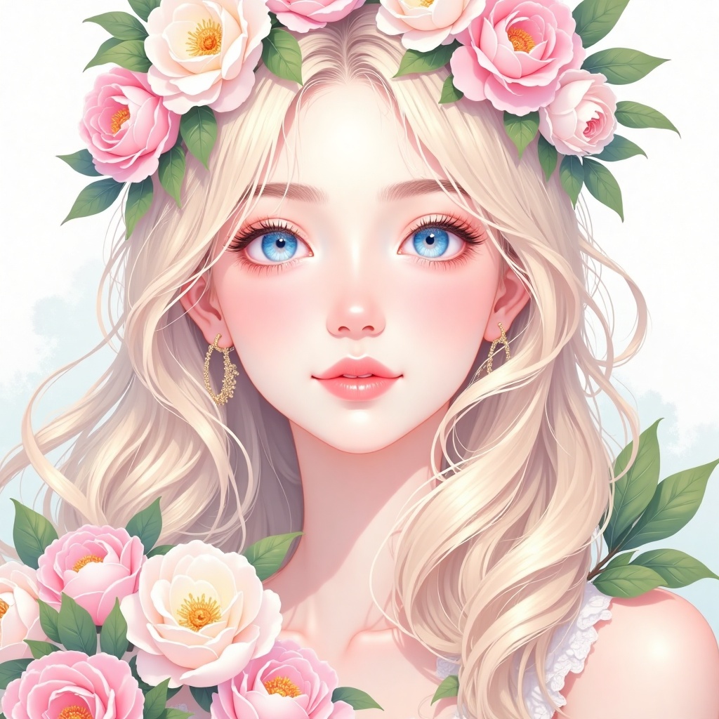 a close-up shot of a young woman with long blonde hair and blue eyes is adorned with a flower crown. Her hair is cascading over her shoulders, adding a touch of color to her face. Her eyes are a piercing blue, and her lips are a vibrant shade of pink, while her hair is a light shade of a pale pink. She is holding a bouquet of flowers in her left hand, with green leaves on her right shoulder. The background is a soft white wall, creating a stark contrast to the woman's face.,Illustration