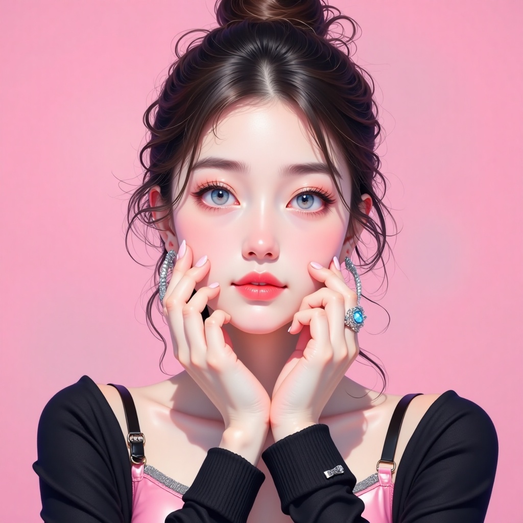 a medium-sized Asian woman with dark brown hair and blue eyes, is adorned with silver hoop earrings and a silver ring. She is wearing a black long-sleeved sweater over a pink bra, adorned with a black strap. Her hair is pulled back in a bun, adding a touch of texture to her face. Her eyes are a piercing blue, while her lips are a lighter shade of pink. Her hands are clasped in front of her face, with her fingers resting on her chin. The backdrop is a vibrant pink, creating a striking contrast to the woman's face.