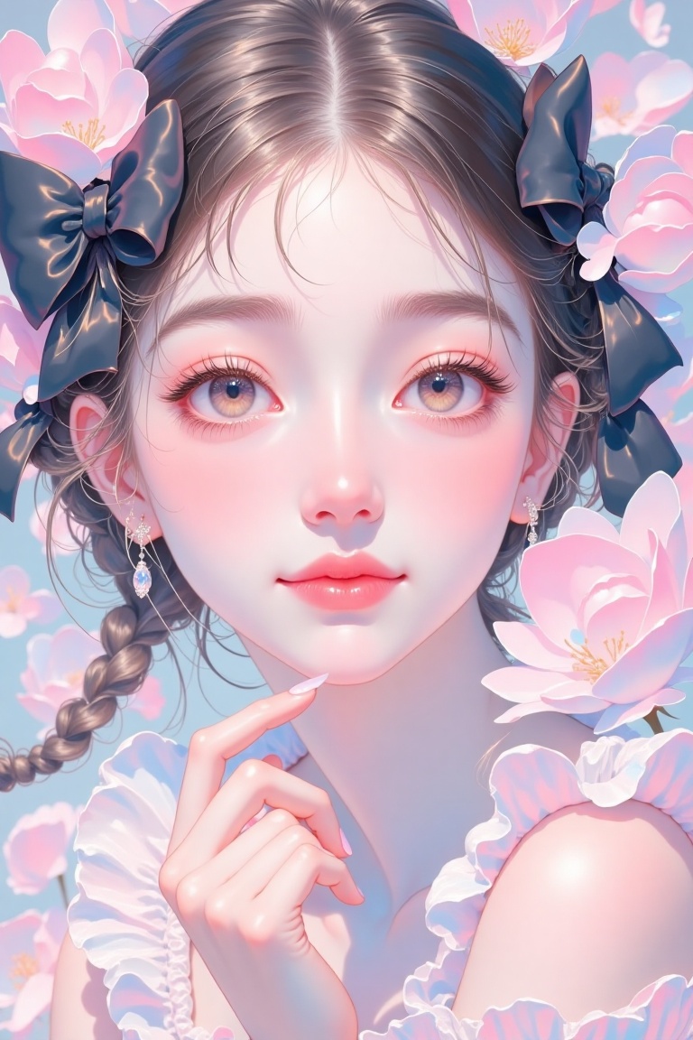 "A close-up portrait of a young woman with a doll-like, ethereal beauty, wearing a delicate pink outfit with puffed sleeves and adorned with large black bows in her braided hair. Her skin is flawless and radiant, with subtle contouring that enhances her high cheekbones and soft features. Her eyes are large and expressive, framed by delicate lashes and highlighted by a soft, luminous glow. The background is a soft pink, complementing her attire and adding to the dreamy, almost surreal quality of the image. Her expression is serene and slightly mysterious, evoking a sense of elegance and innocence.",Illustration