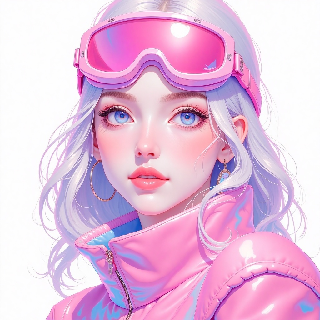 a medium-angle shot of a woman's face is depicted in a vibrant shade of pink. Her eyes are a piercing blue, and her hair cascades down to her shoulders. She is wearing a pair of pink tinted goggles, adding a pop of color to her face. The background is a stark white, creating a stark contrast to her pink outfit.,Illustration,realistic,crystal,Painting