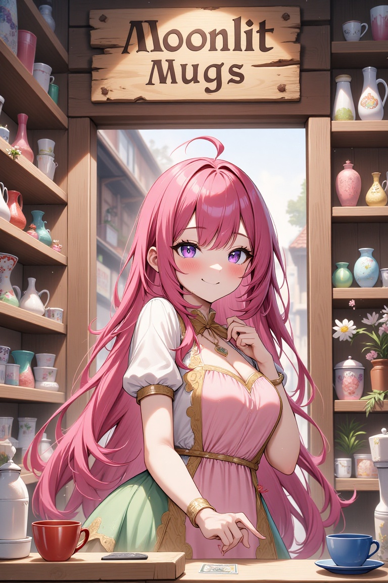 A vibrant anime style scene of a young woman with vibrant pink hair and warm smile,  standing behind the counter of her co...