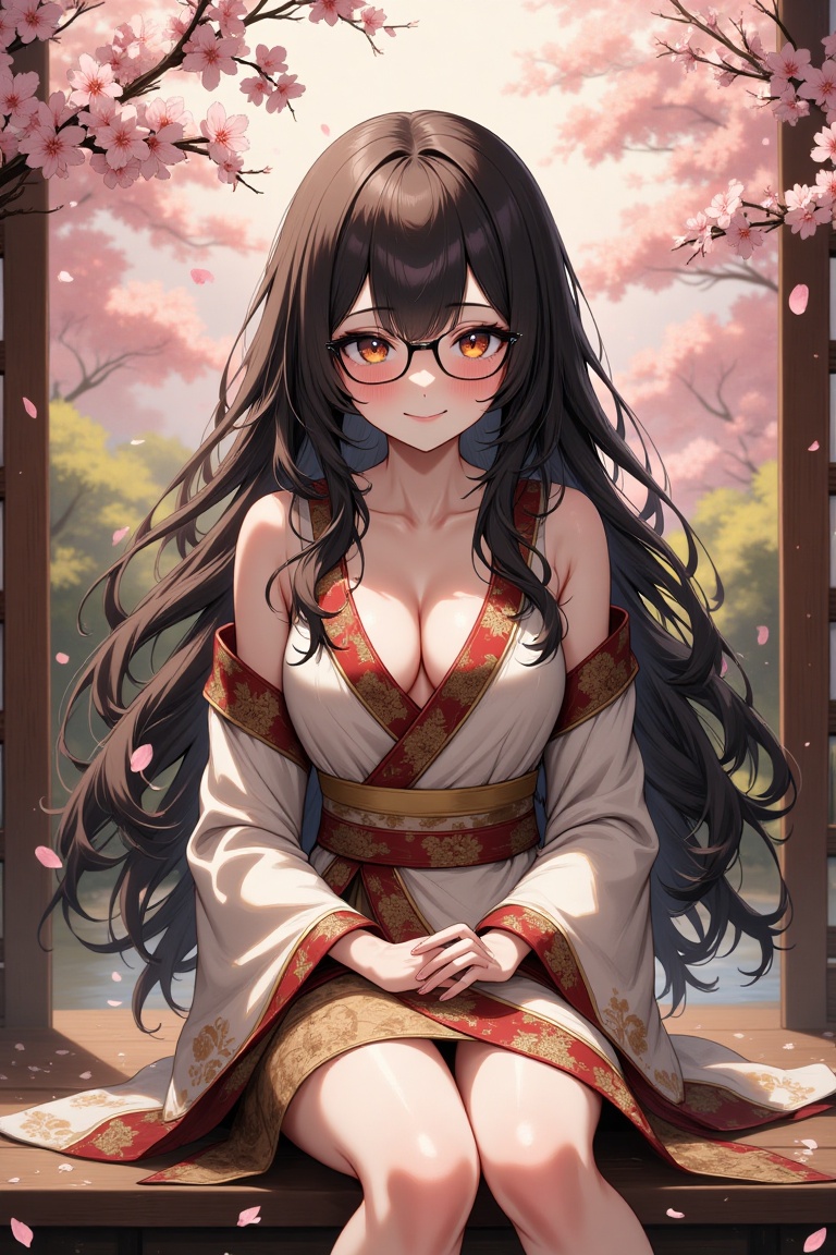 A serene,  bespectacled anime style Mona Lisa sits enigmatically in a traditional Japanese setting,  with cherry blossom p...