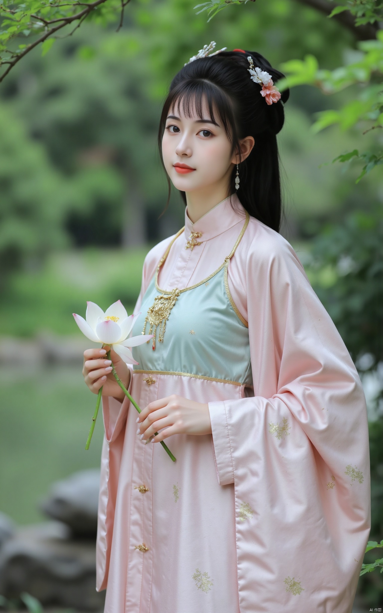 masterpiece,1girl,solo,black hair,(Standing by the lotus pond in the garden:1.3),(hanfu dress:1.3),black eyes,beautiful face,short sleeves,holding flower,looking at viewer,(huge breasts:2.79),(full breasts:1.99),Xminguo,Xruanxiu,Xqhanfu,Xqipao,Xqinghanfu