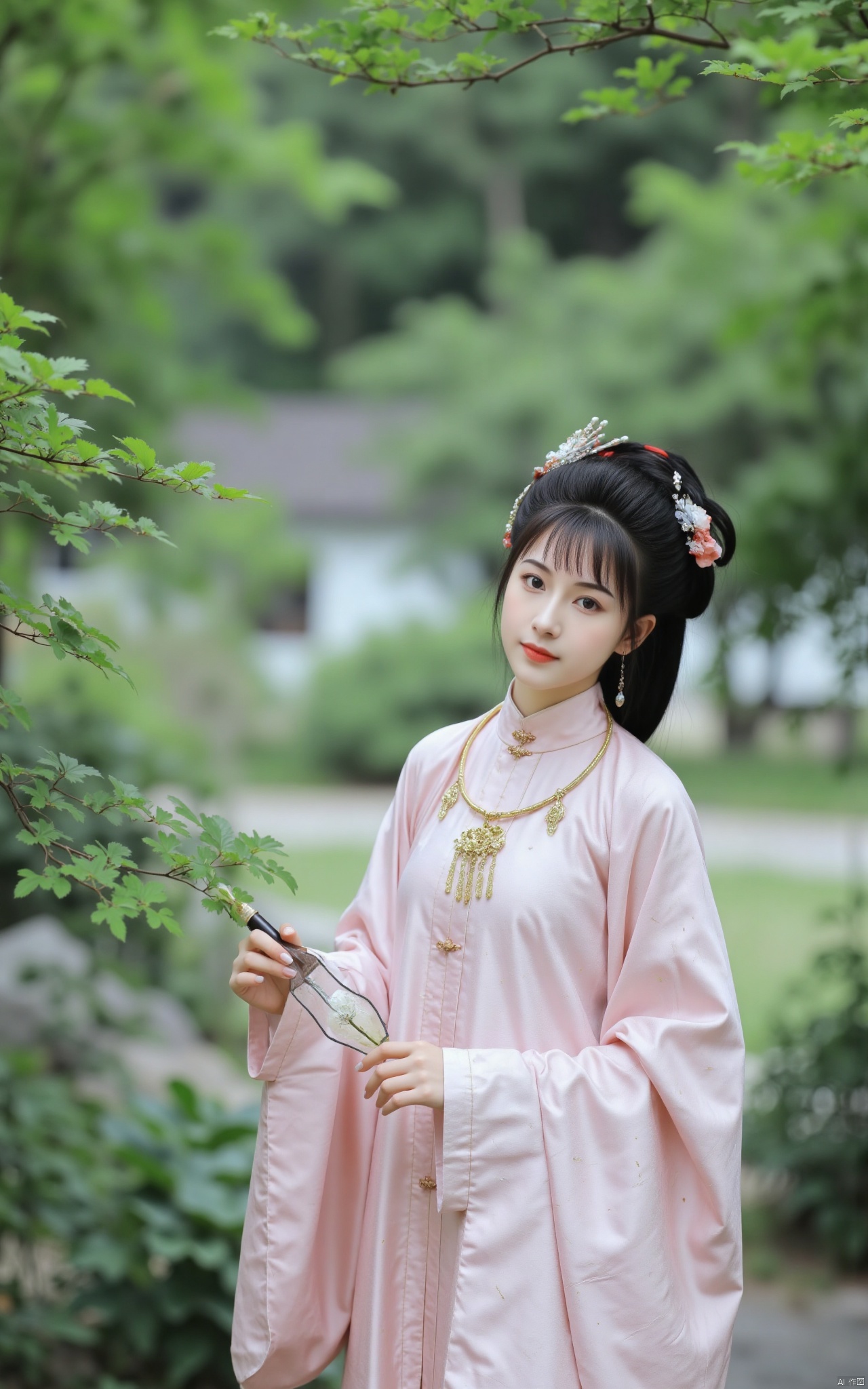  masterpiece,1girl,solo,black hair,(Standing by the lotus pond in the garden:1.3),(hanfu dress:1.3),black eyes,beautiful face,short sleeves,holding flower,looking at viewer,(huge breasts:2.79),(full breasts:1.99),Xminguo,Xruanxiu,Xqhanfu,Xqipao,Xqinghanfu