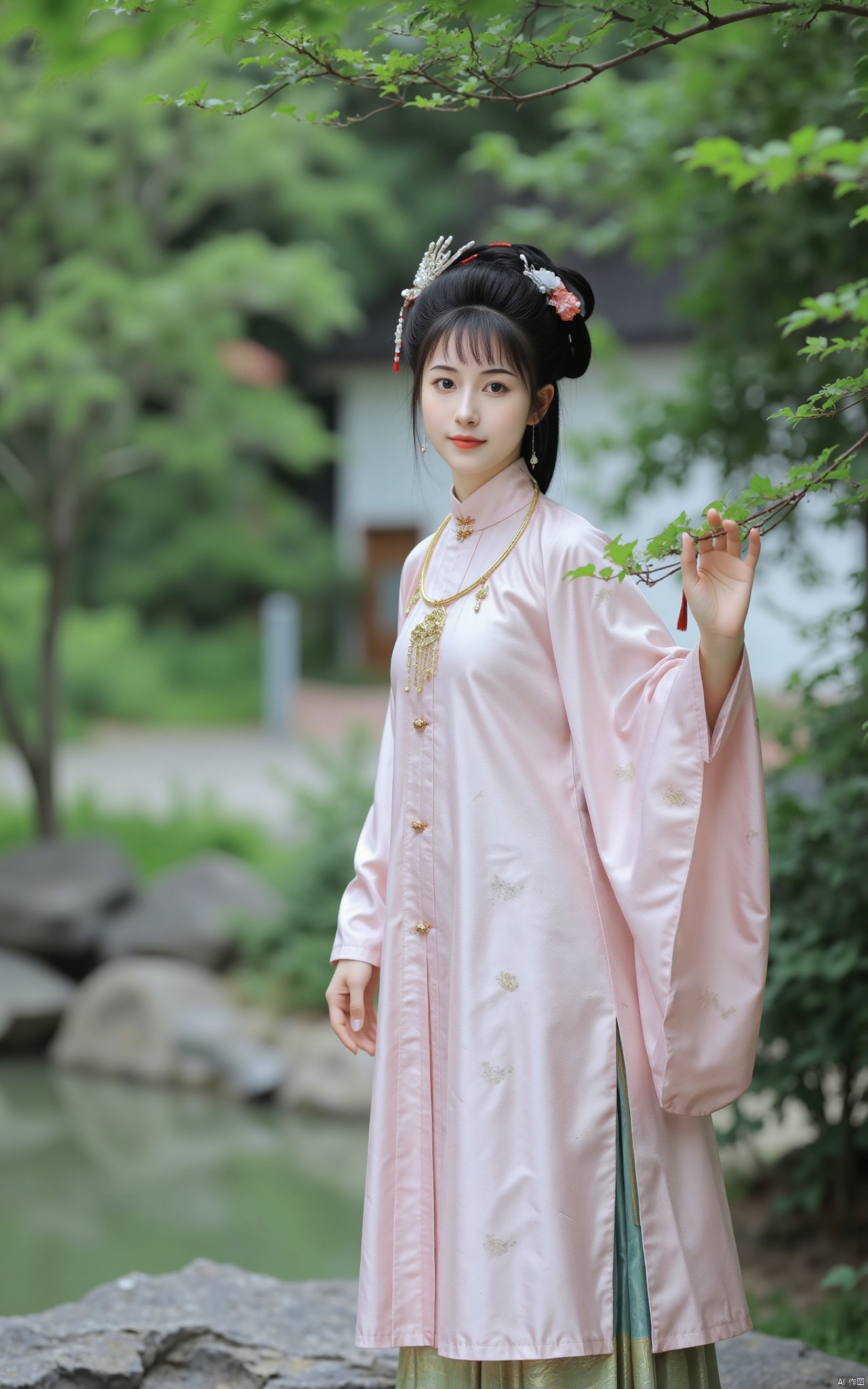  masterpiece,1girl,solo,black hair,(Standing by the lotus pond in the garden:1.3),(hanfu dress:1.3),black eyes,beautiful face,short sleeves,holding flower,looking at viewer,(huge breasts:2.79),(full breasts:1.99),Xminguo,Xruanxiu,Xqhanfu,Xqipao,Xqinghanfu