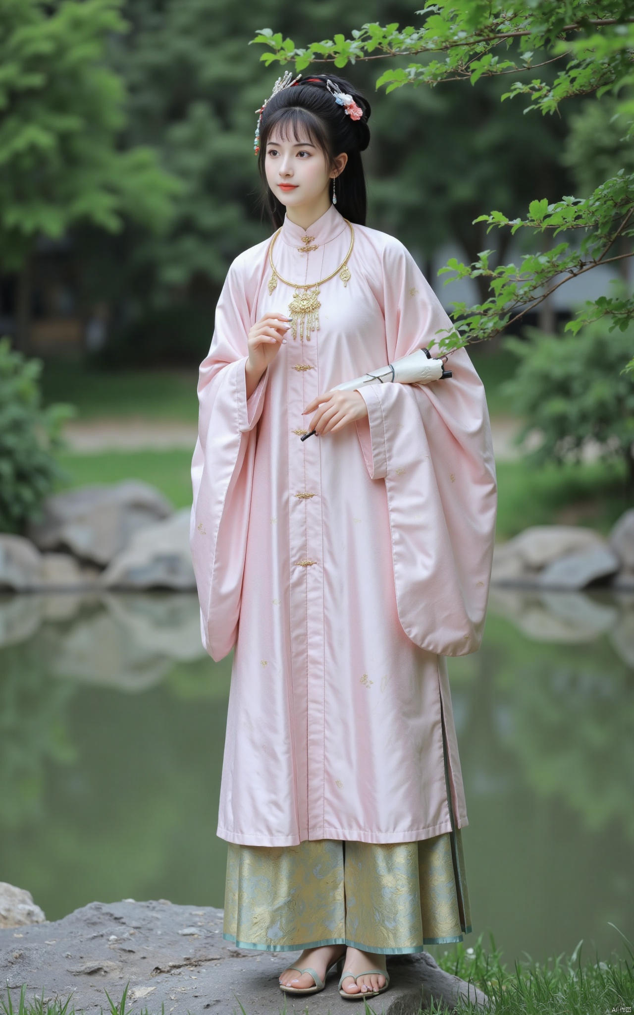  masterpiece,1girl,solo,black hair,(Standing by the lotus pond in the garden:1.3),(hanfu dress:1.3),black eyes,beautiful face,short sleeves,holding flower,looking at viewer,(huge breasts:2.79),(full breasts:1.99),Xminguo,Xruanxiu,Xqhanfu,Xqipao,Xqinghanfu
