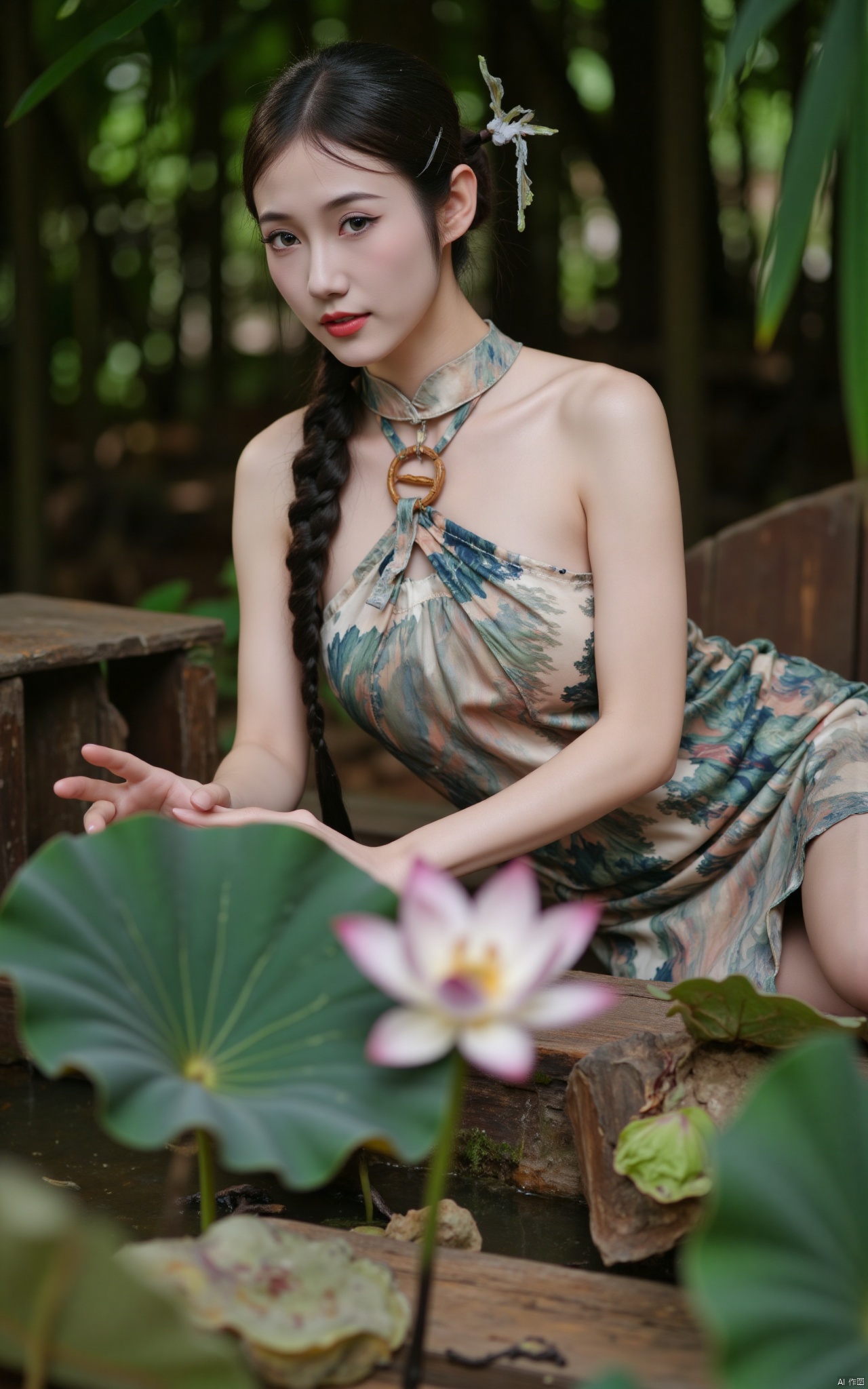 masterpiece,(best quality),official art, (1girl), (solo), ((looking_at_viewer)),(huge breasts:2.69),(full breasts:1.99),Xzhaoliner,(Lotus pond, lotus:1.52),Xruanxiu,Xfhanfu,Xqhanfu,Xqinghanfu,Xqipao,Xyueying