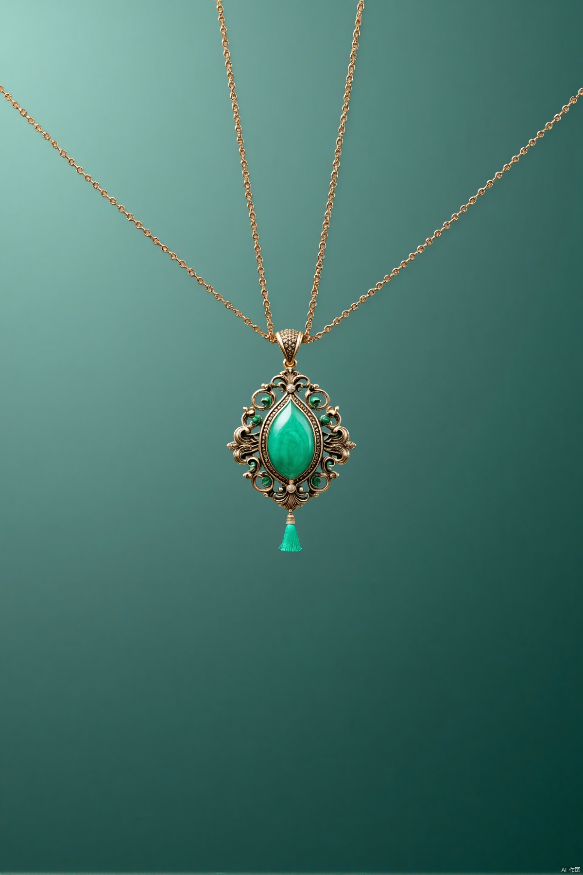 simple background, gradient, gradient background, no humans, chain, gem, green background, aqua background, still life