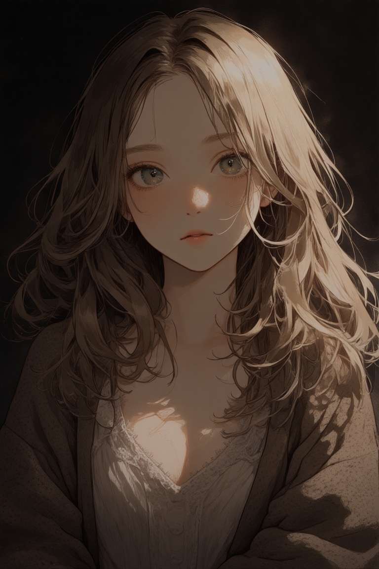 A serene portrait of a beautiful girl with flowing long hair and piercing blue eyes. She poses effortlessly in a cozy swea...