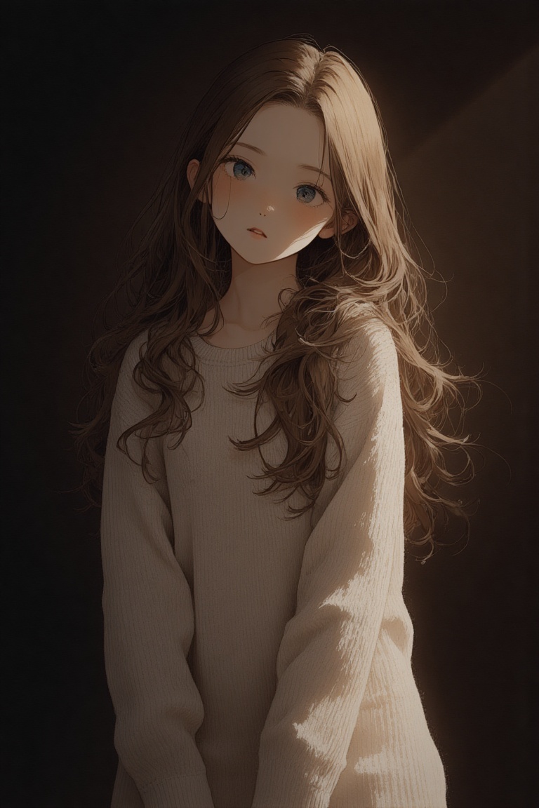 A serene portrait of a beautiful girl with flowing long hair and piercing blue eyes. She poses effortlessly in a cozy swea...