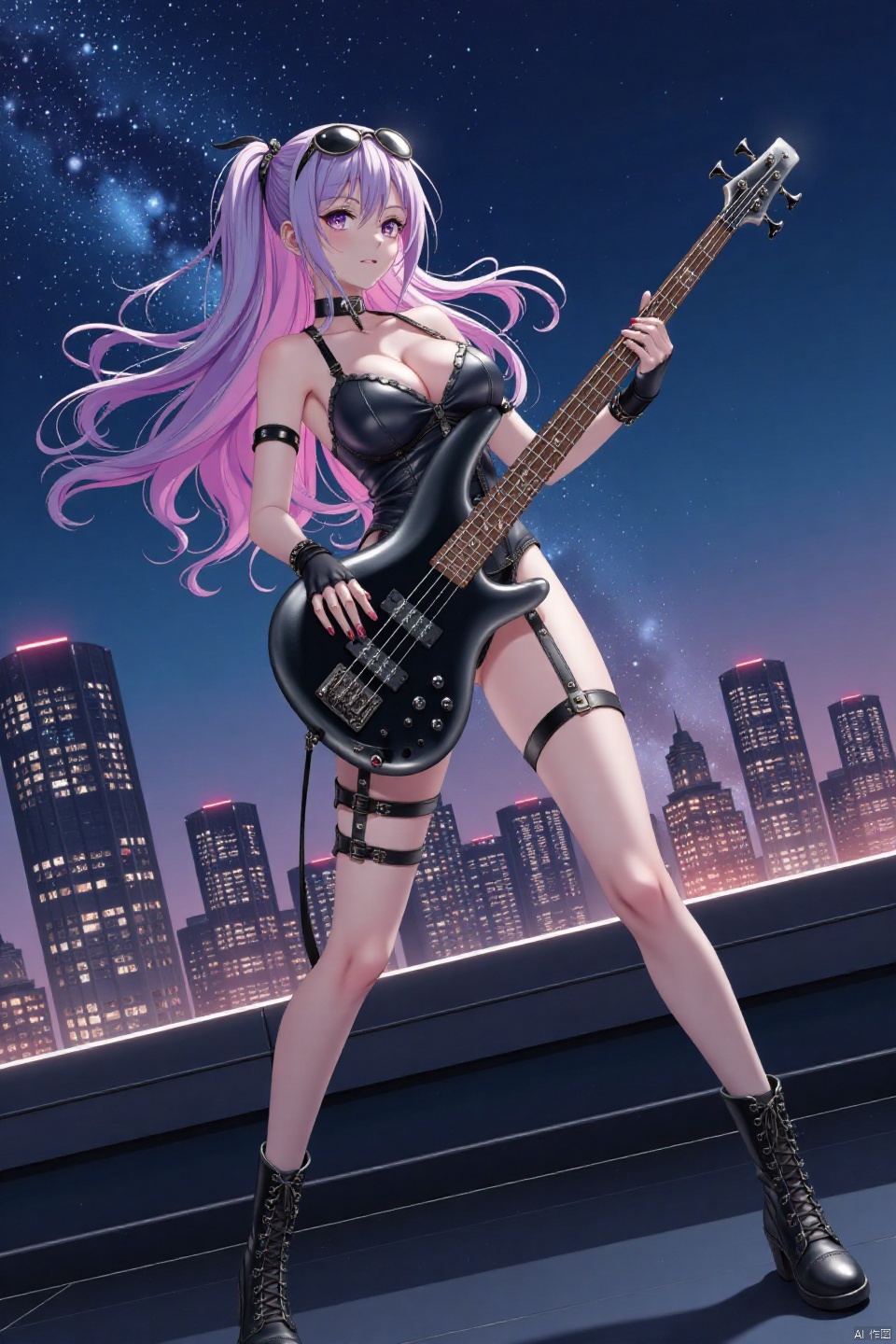anime screencap,full shot angle: A stunning big-breasted woman, embodying artistry and sensuality, strikes a dynamic pose on a cyberpunk rooftop backdrop. She wears a punk-inspired leather leotard, thighboots, eargear, sunglasses above head, and elbow-length gloves, her flowing multicolored hair swirling around her face. She plays a black bass guitar, surrounded by swirling musical notation. The star-trail and galaxy background radiate energy as she expresses artistic passion, drawing the viewer into her creative fervor.