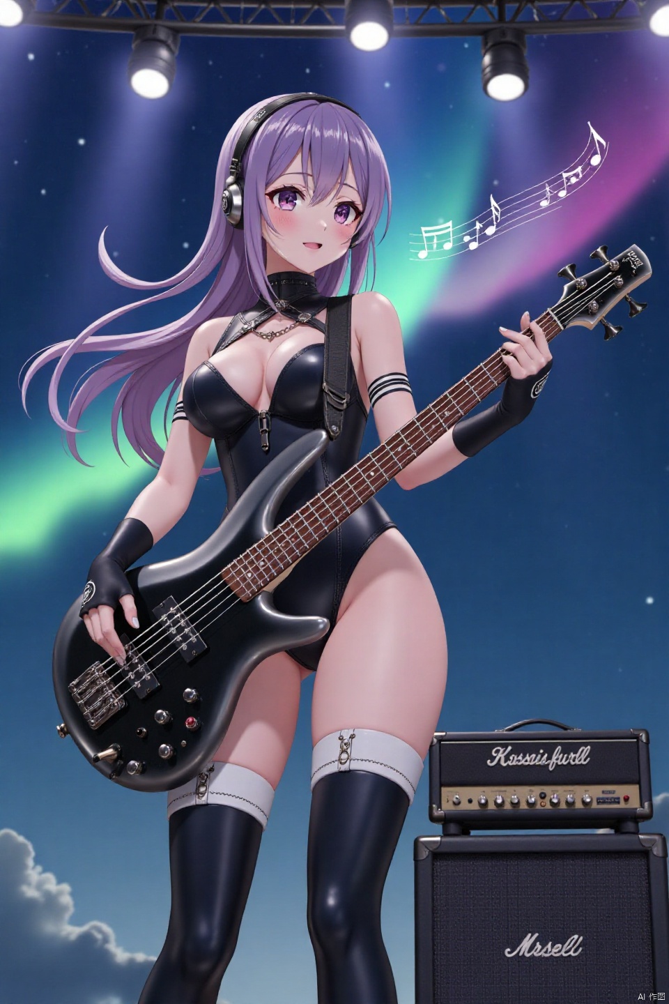 in cinematic angle A breathtaking flat-color anime screencap showcases in a captivating big-breasted woman,embodying the harmonious blend of artistry and sensuality.The sultry-pose finds her donning a punk-inspired chest opening leotard,black and white thigh-high boots,headphone,and elbow-length gloves,with flowing multicolored streaked hime cut hair framing the scene.As she plays a black bass guitar, swirling musical notation swirls around her. Amidst stage with speaker,amplifier  and star-trail with Aurora backdrops, her expressive features radiate energy and artistic passion, drawing the viewer into the midst of her creative fervor.