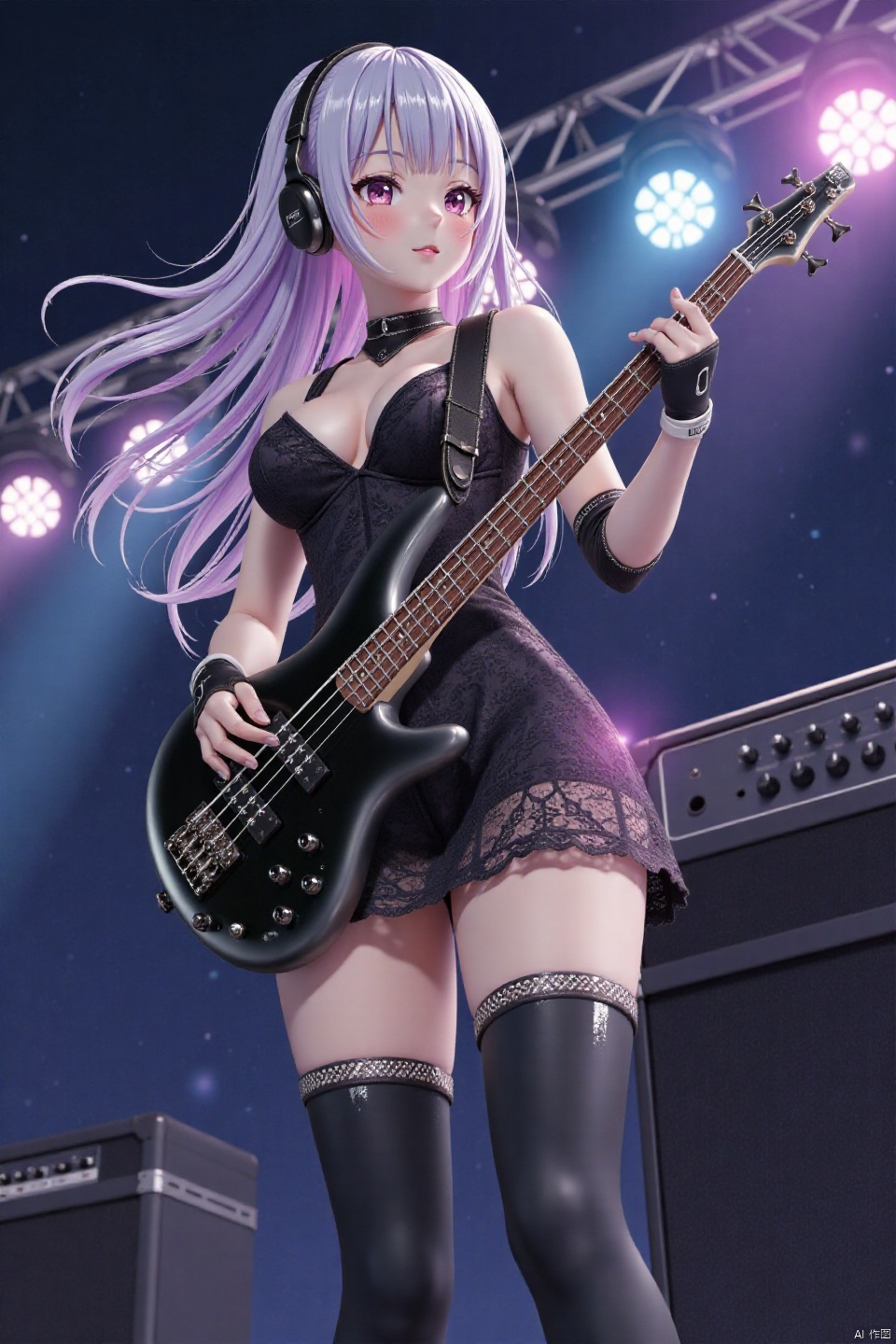 in cinematic angle A breathtaking flat-color anime screencap showcases in a captivating big-breasted woman,embodying the harmonious blend of artistry and sensuality.The sultry-pose finds her donning a punk-inspired Mesh chest opening leotard,black and white thigh-high boots,headphone,and elbow-length gloves,with flowing multicolored streaked hime cut hair framing the scene.As she plays a black bass guitar, swirling musical notation swirls around her. Amidst stage with speaker,amplifier  and star-trail with Aurora backdrops, her expressive features radiate energy and artistic passion, drawing the viewer into the midst of her creative fervor.