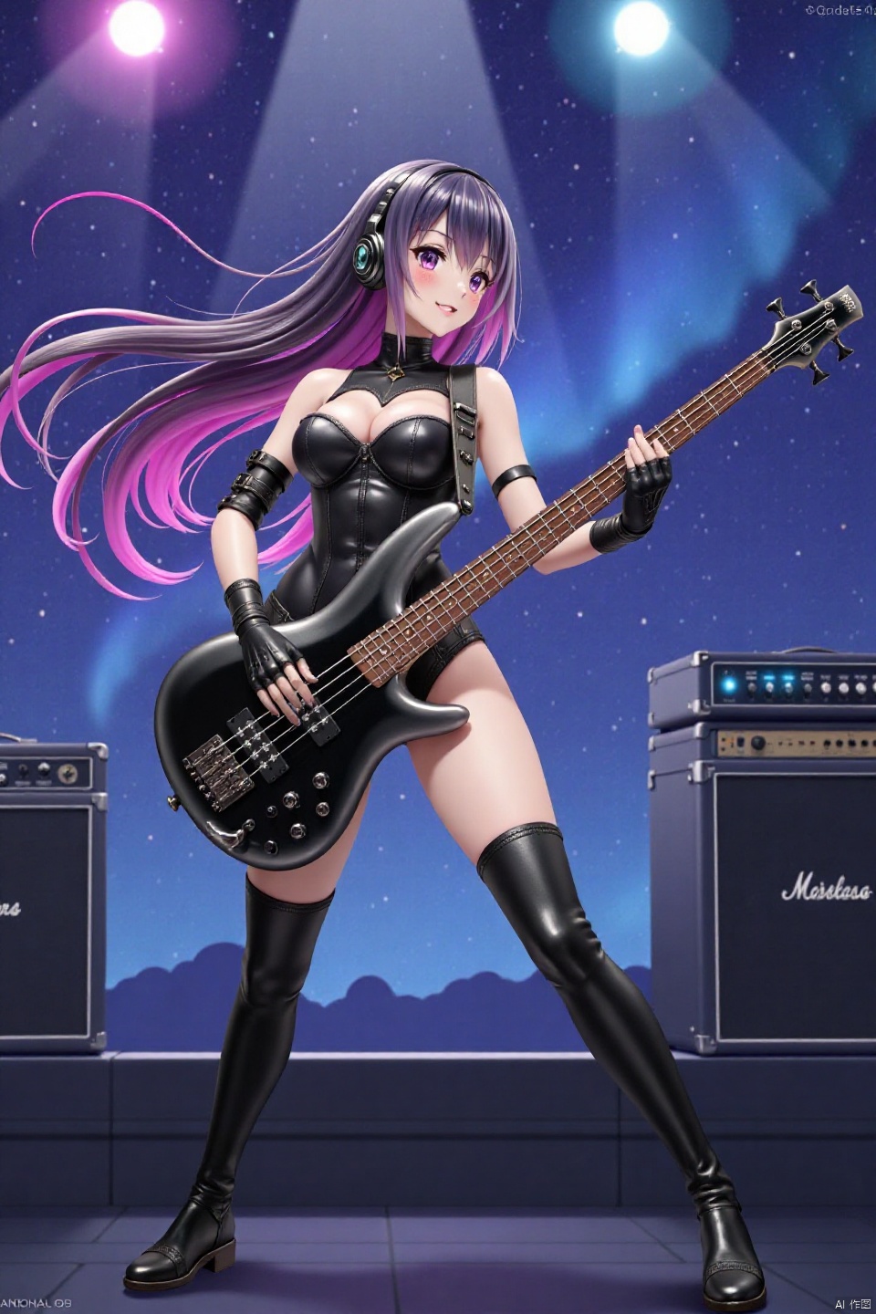 in cinematic angle A breathtaking flat-color anime screencap showcases in a captivating big-breasted woman,embodying the harmonious blend of artistry and sensuality.The sultry-pose finds her donning a punk-inspired chest opening leotard,black and white thigh-high boots,headphone,and elbow-length gloves,with flowing multicolored streaked hime cut hair framing the scene.As she plays a black bass guitar, swirling musical notation swirls around her. Amidst stage with speaker,amplifier  and star-trail with Aurora backdrops, her expressive features radiate energy and artistic passion, drawing the viewer into the midst of her creative fervor.