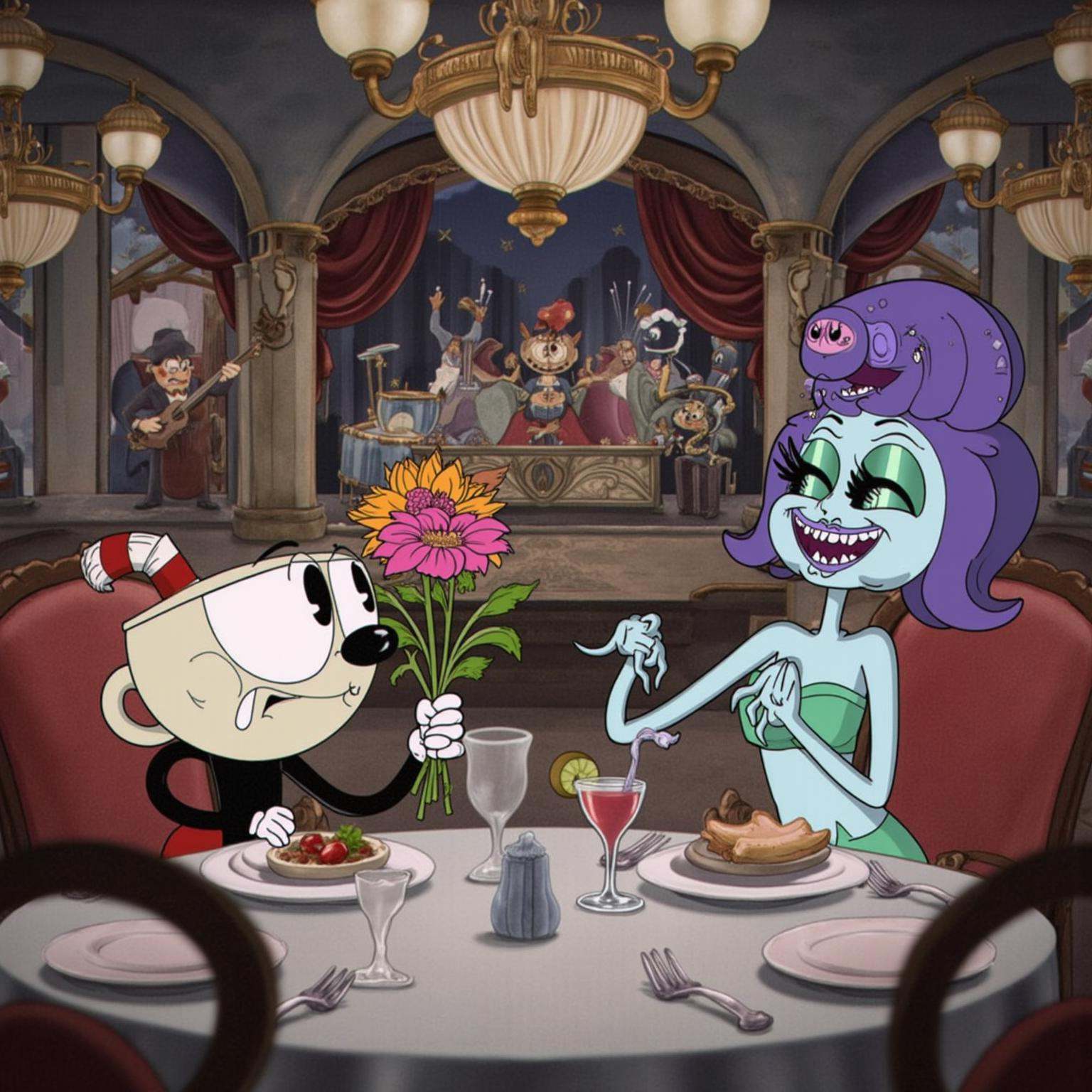_Cuph3ad_ Cuphead is sitting at a fancy dinner table with Sally Stageplay and Cala Maria. The scene is set in a glamorous,...