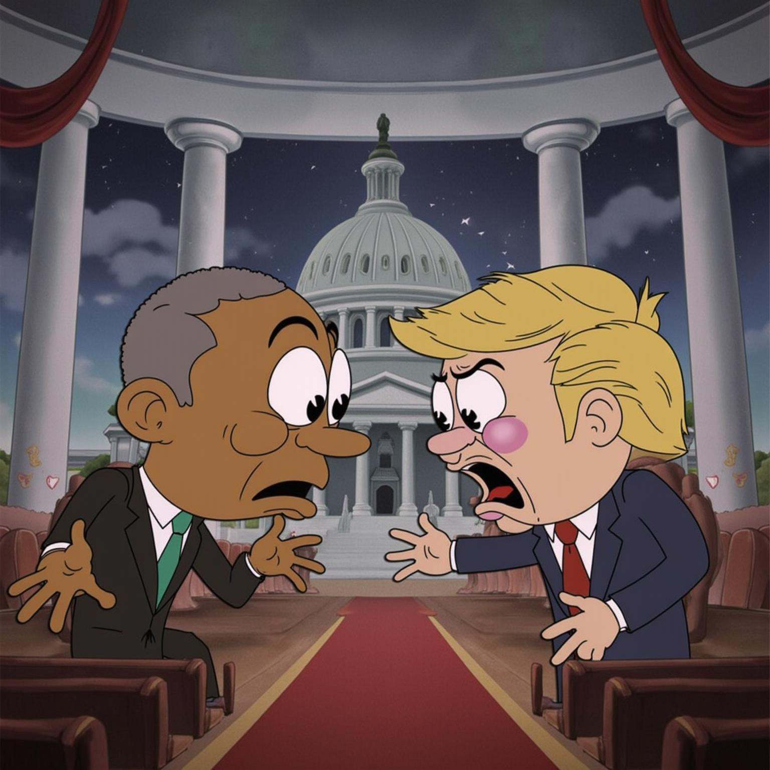 _Cuph3ad_ Barack Obama and Donald Trump are portrayed as characters battling in a political arena. The background is a dra...
