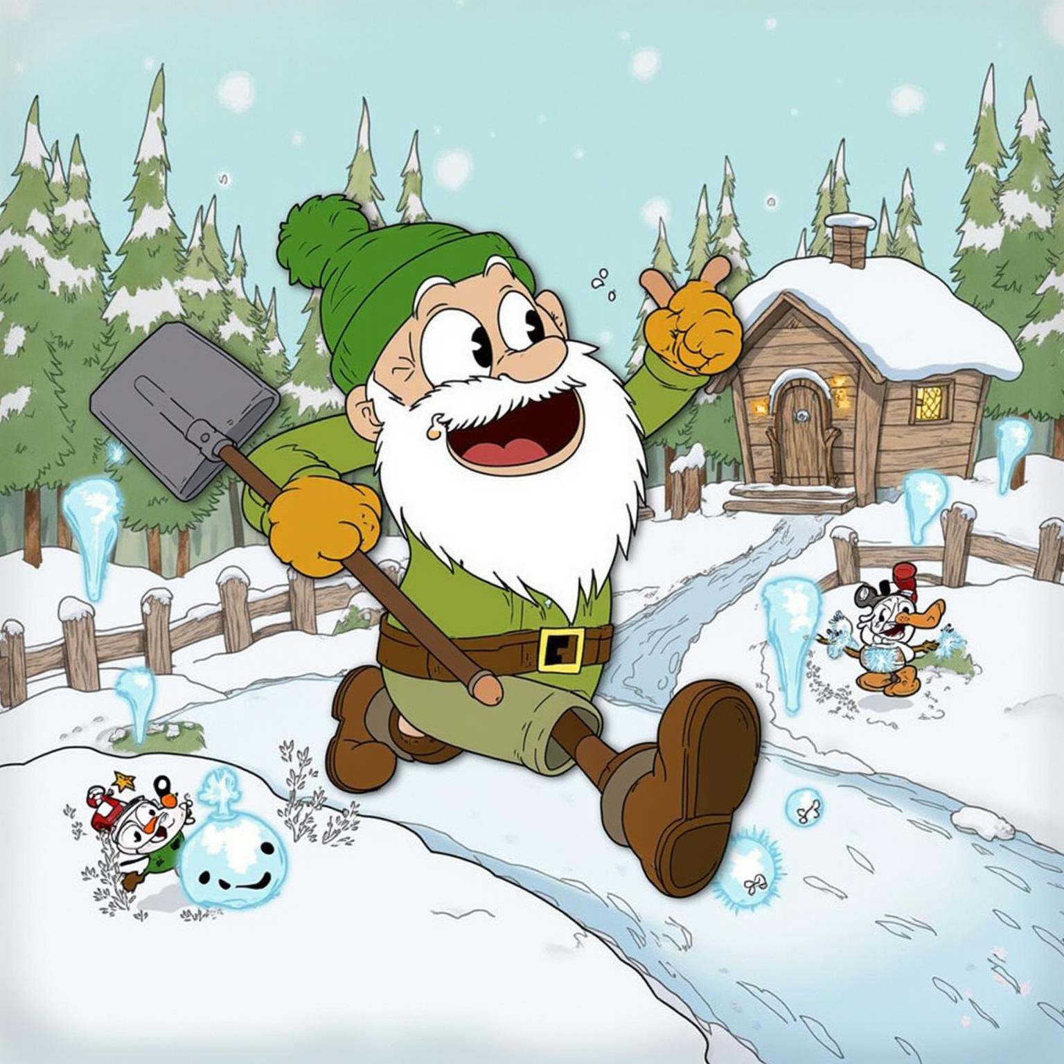 _Cuph3ad_ a beardy green beanie man is running through a snowy landscape. He is dressed in winter clothes,  with a thick b...